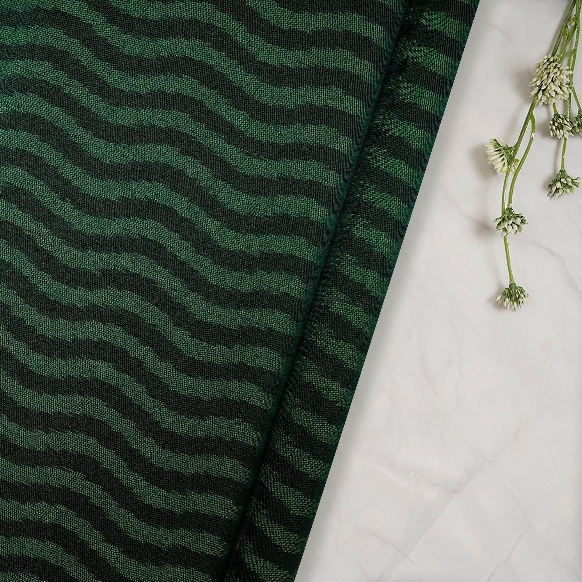 (Pre-Cut 2.50 Mtr )Green Handwoven Ikat Sico Silk Fabric