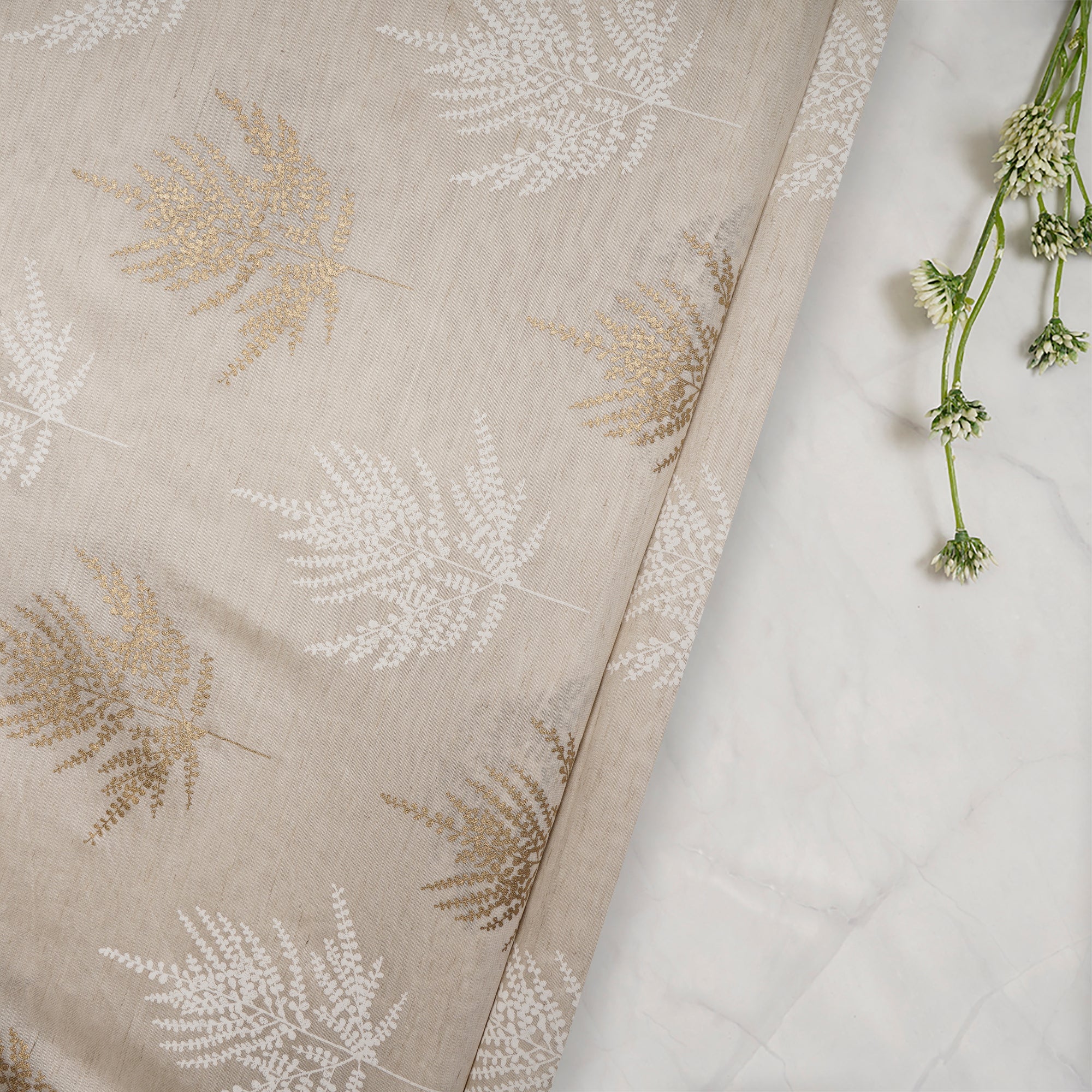 (Pre-Cut 2.50 Mtr) Cream Screen Printed Tussar Linen Fabric