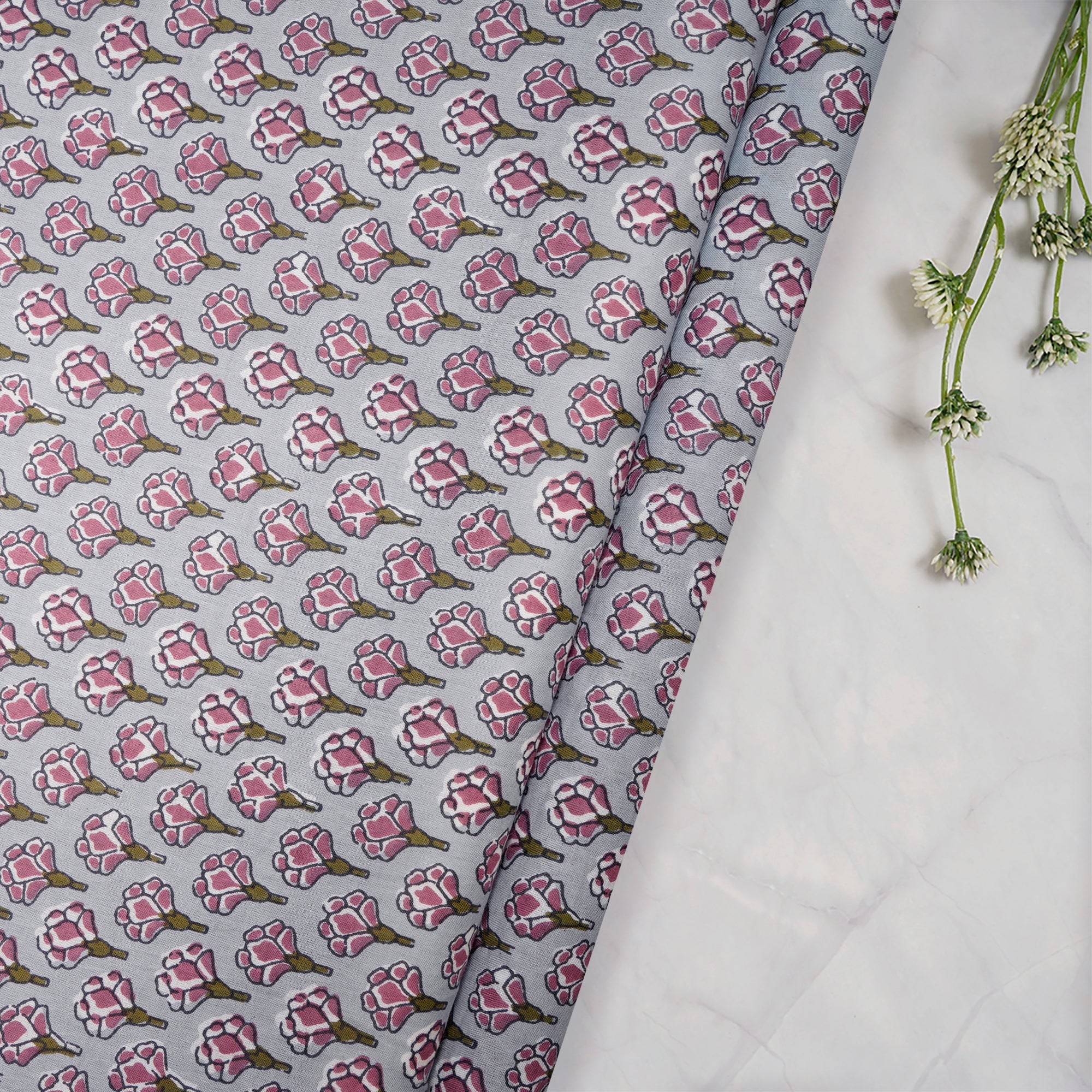 (Pre Cut 1.25 Mtr ) Steel Floral Pattern Screen Print Cotton Fabric