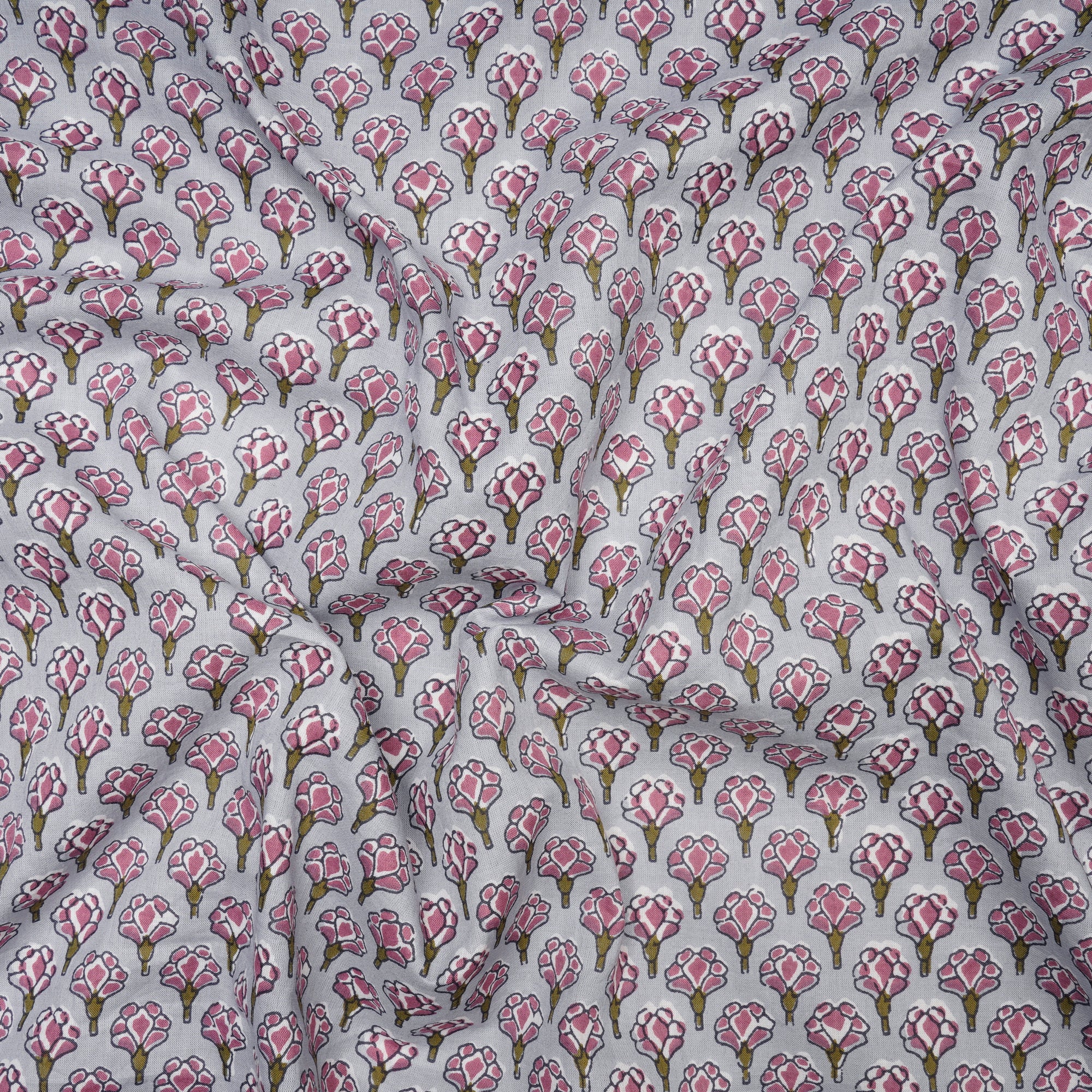 (Pre Cut 1.25 Mtr ) Steel Floral Pattern Screen Print Cotton Fabric