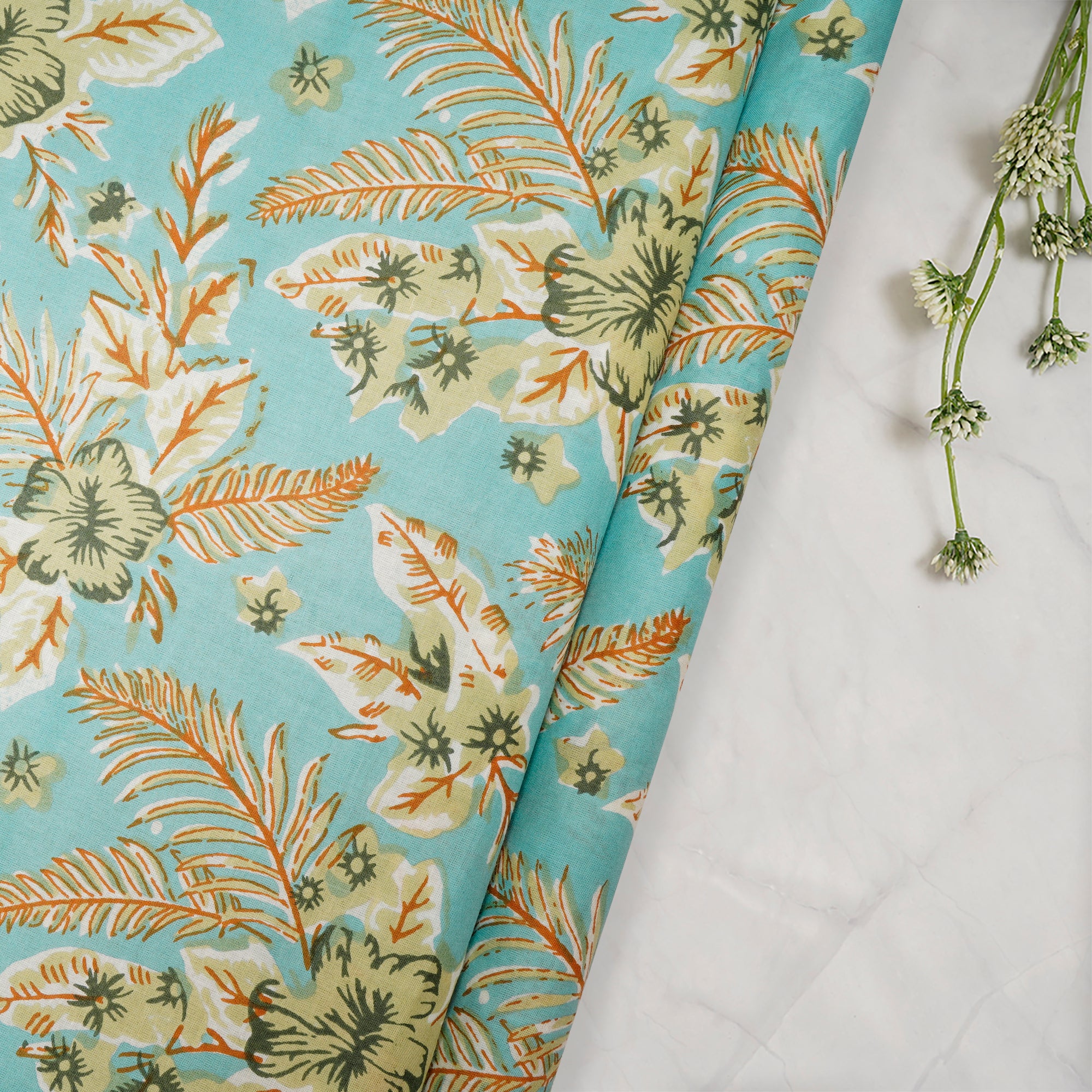 (Pre Cut 1.70 Mtr )Turquoise Floral Pattern Screen Print Cotton Fabric