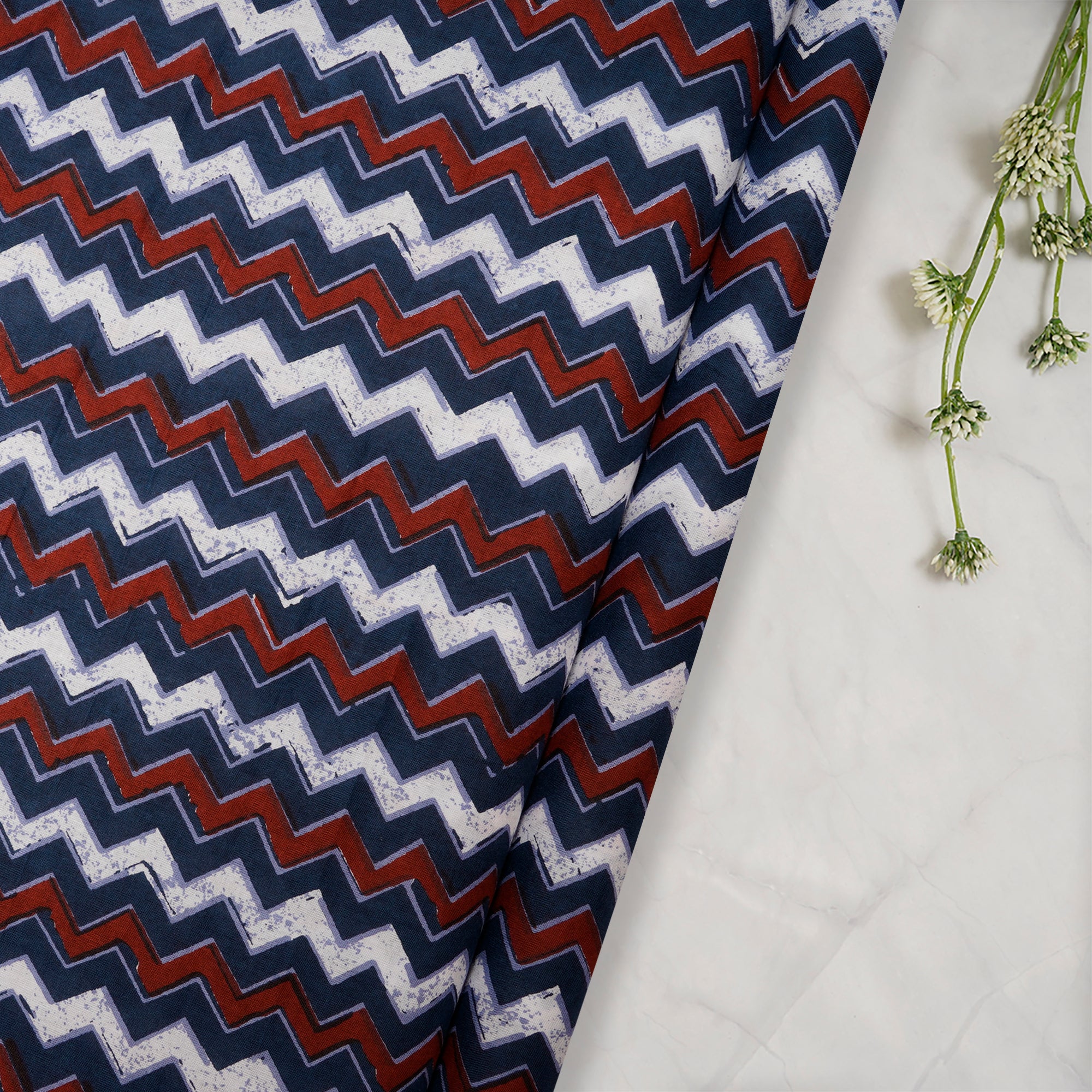 (Pre Cut 1.80 Mtr )Navy Blue-Maroon Color Screen Print Cotton Fabric