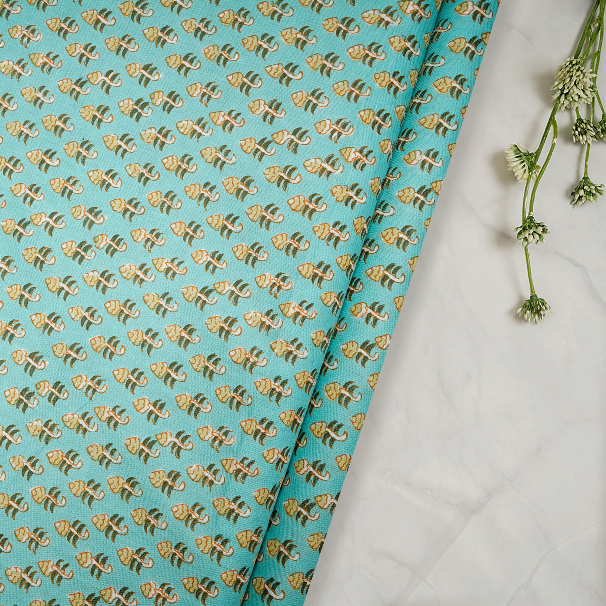(Pre-Cut 2.10 Mtr)Aqua Screen Print Cotton Fabric