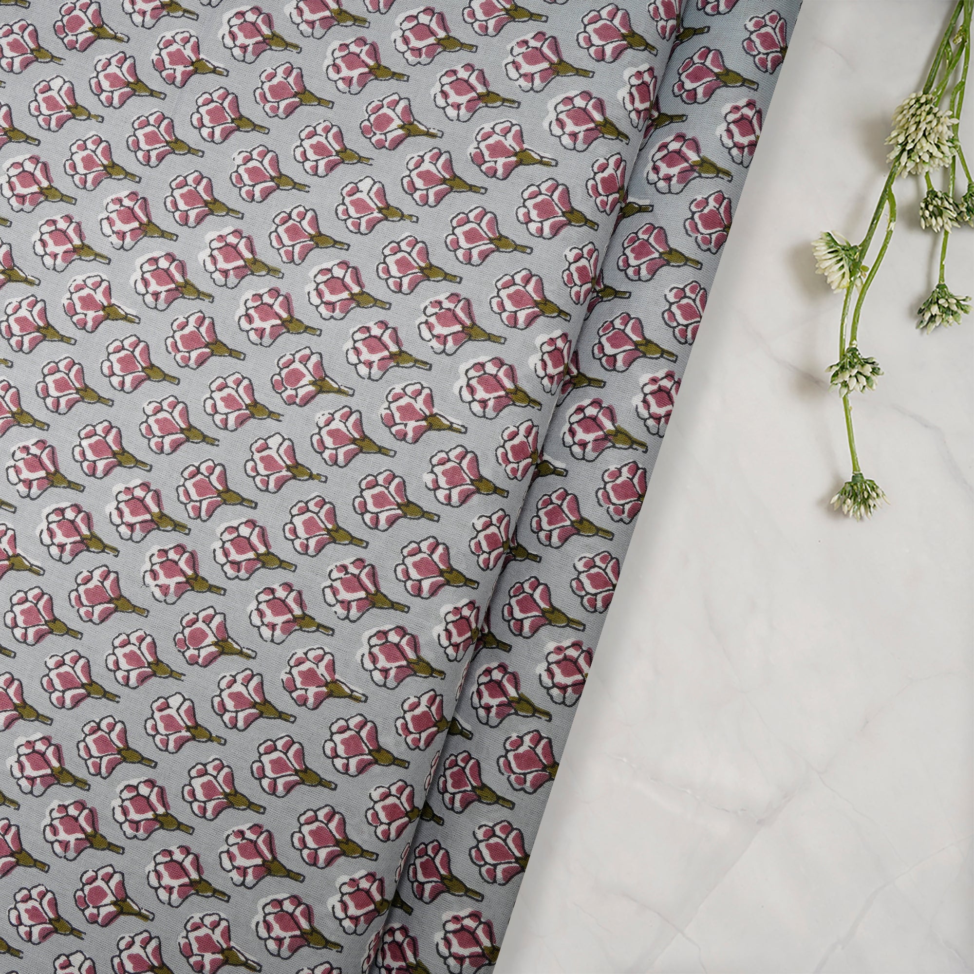 (Pre-Cut 2.50 Mtr )Steel Color Screen Print Cotton Fabric