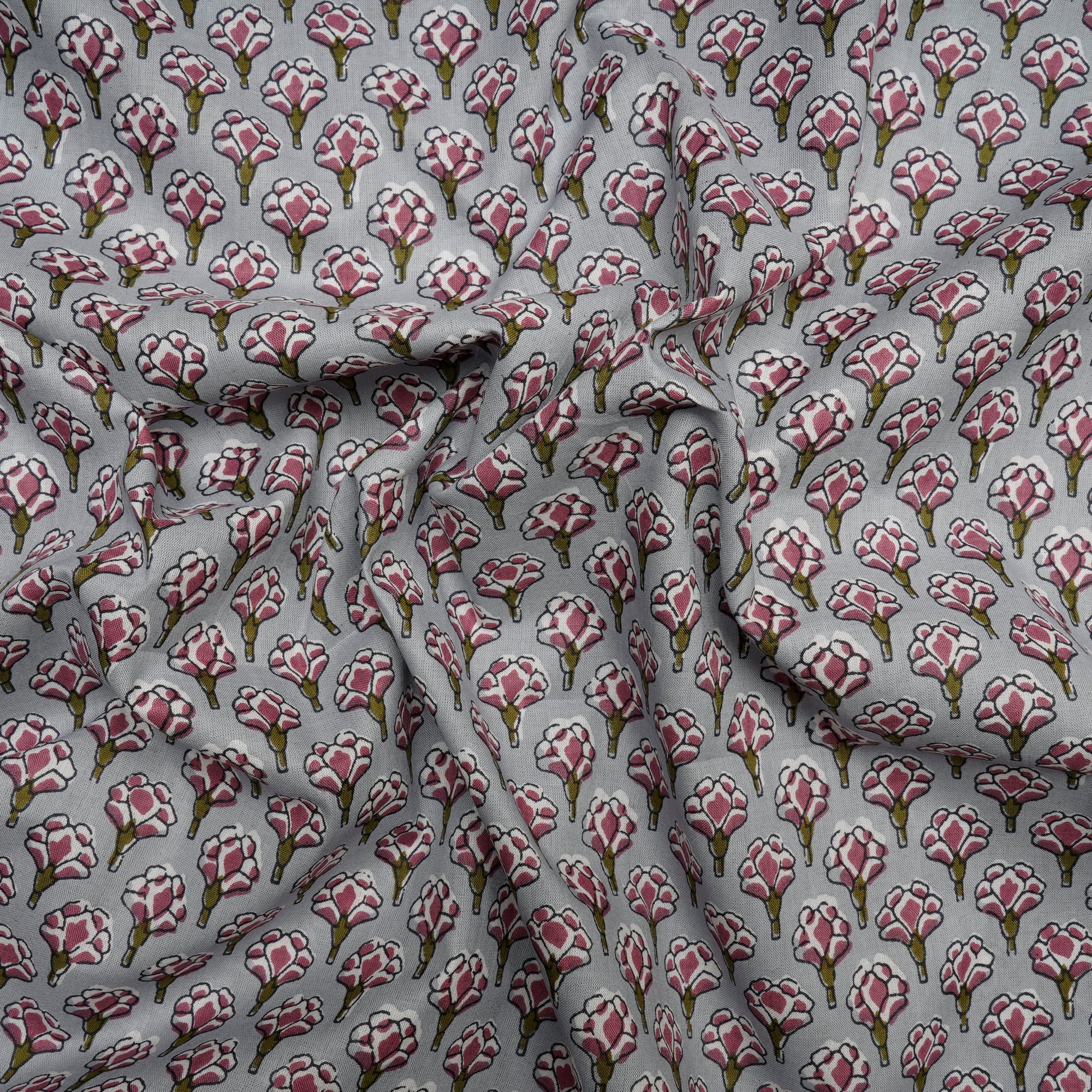 (Pre-Cut 2.50 Mtr )Steel Color Screen Print Cotton Fabric