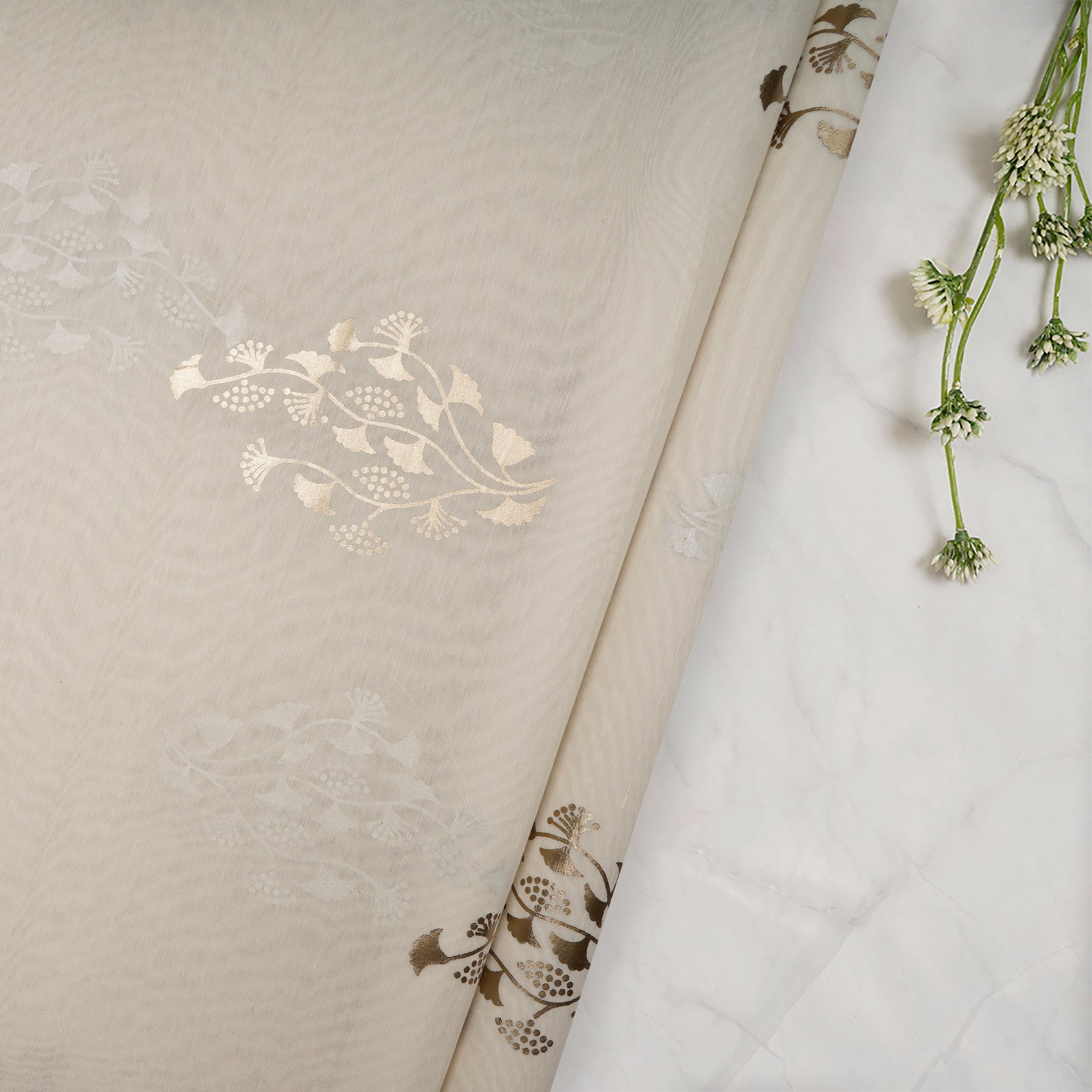 (Pre-Cut 4.90 Mtr) Cream Printed Pure Chanderi Fabric