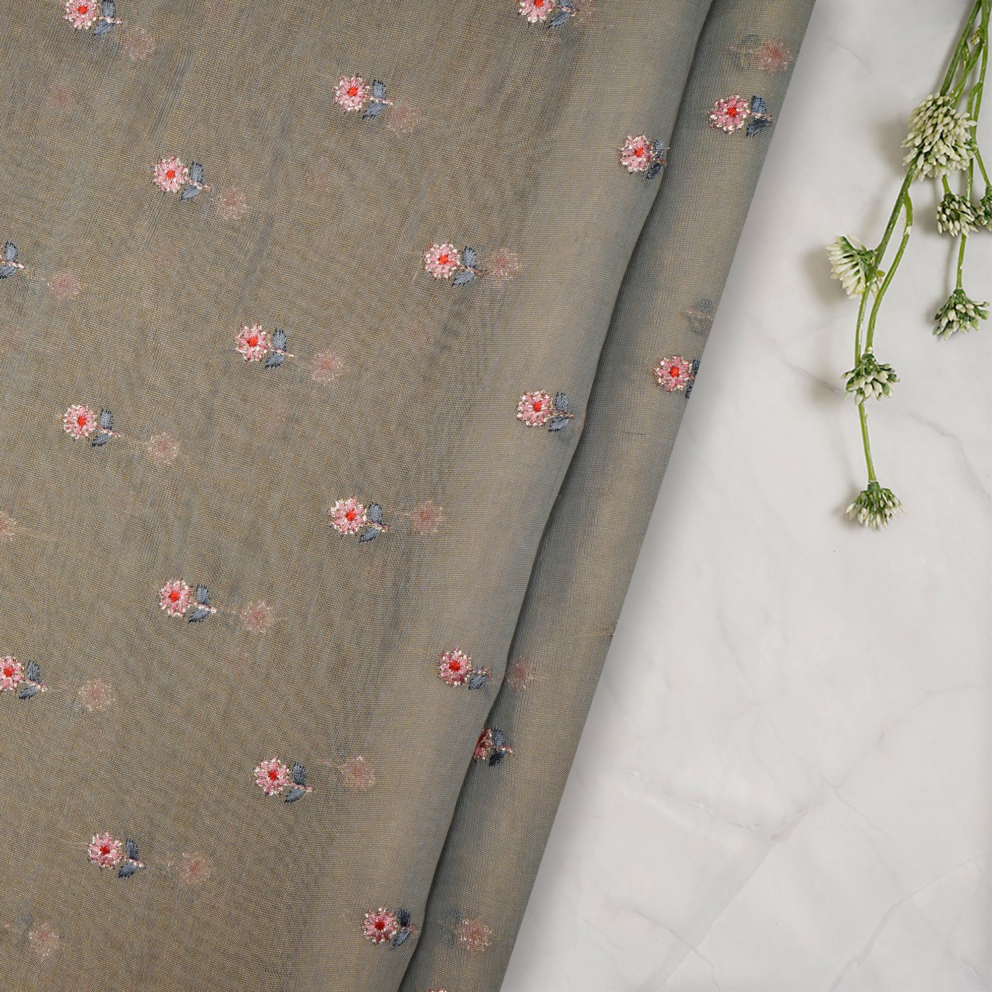 (Pre-Cut 3.50 Mtr) Steel Blue Embroidered Pure Tissue Chanderi Fabric