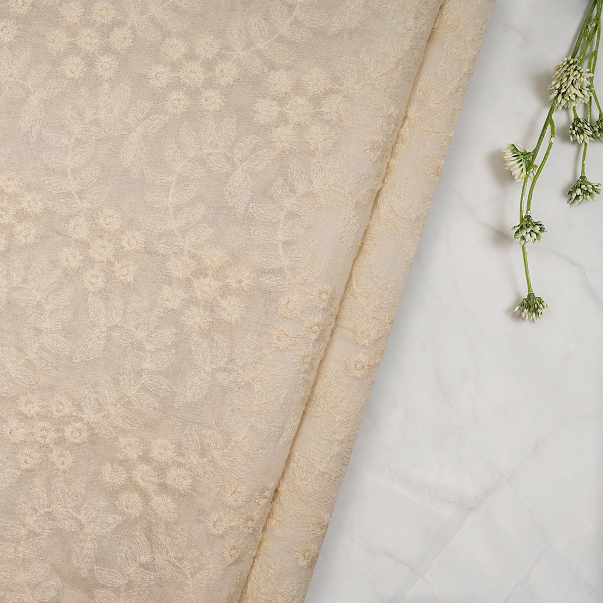 (Pre-Cut 1.50 Mtr) Cream Embroidered Pure Chanderi Fabric
