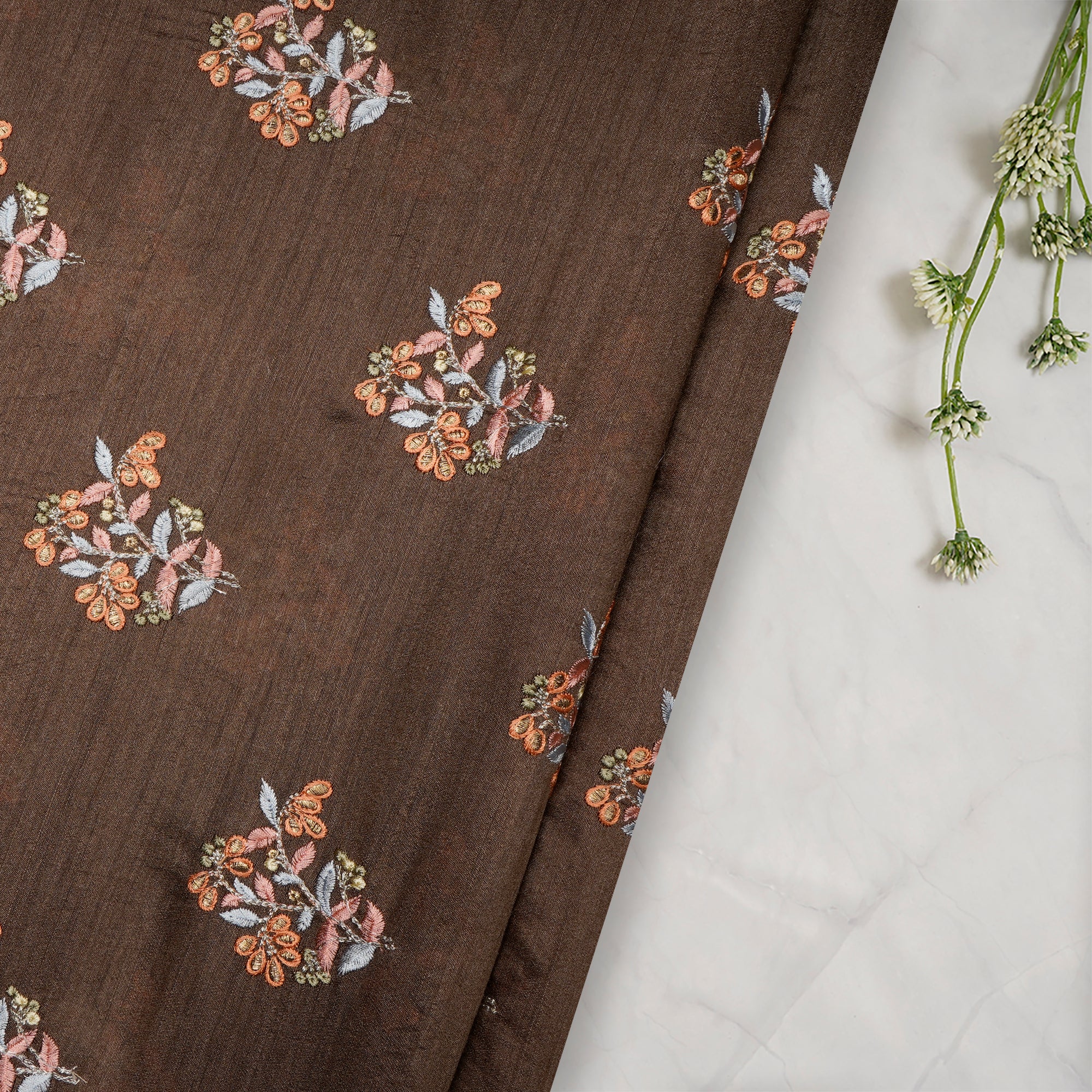 (Pre-Cut 2.50 Mtr) Brown Embroidered Pure Muga Silk Fabric