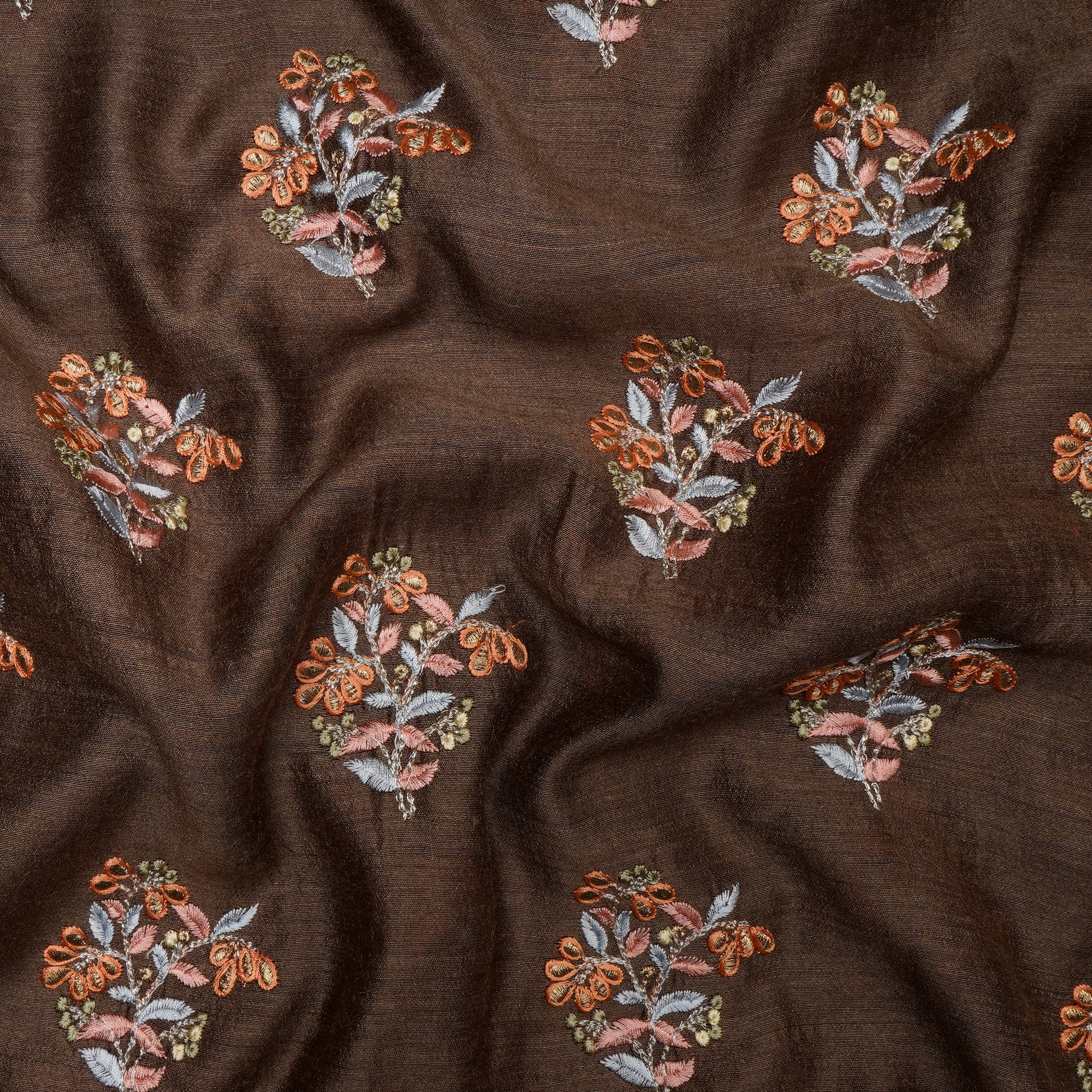 (Pre-Cut 2.50 Mtr) Brown Embroidered Pure Muga Silk Fabric
