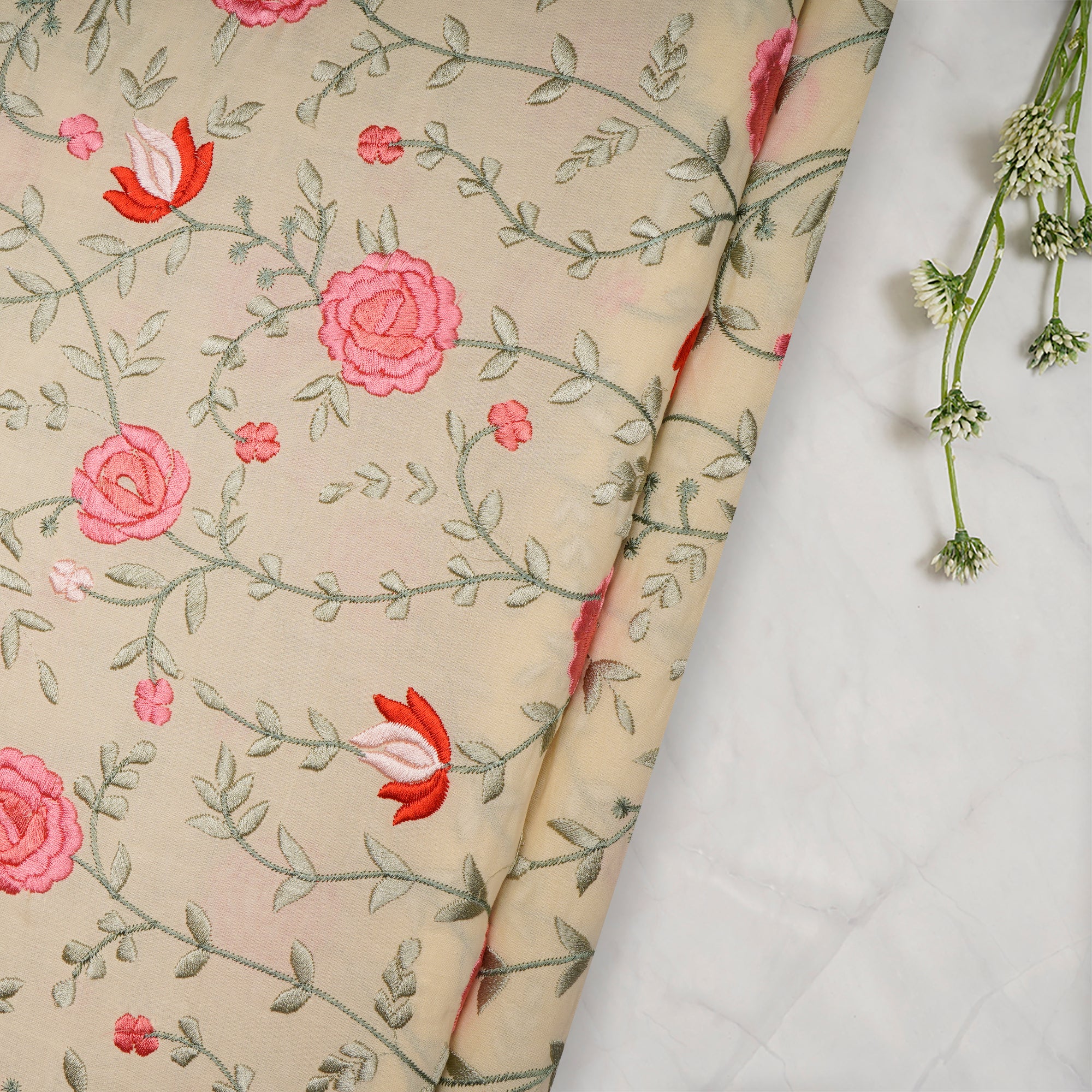 (Pre Cut 1.70 Mtr ) Cream Embroidered Premium Cotton Fabric
