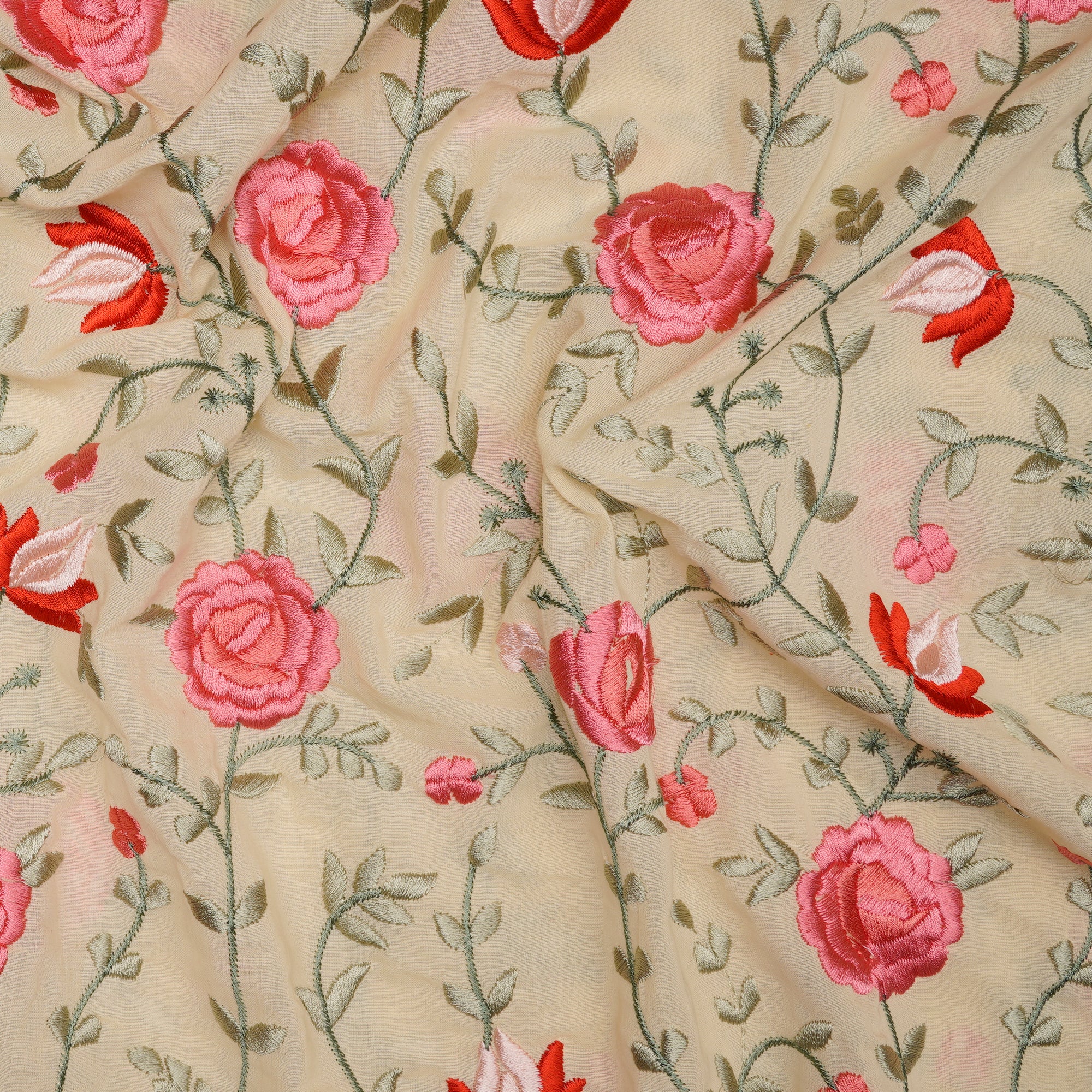 (Pre Cut 1.70 Mtr ) Cream Embroidered Premium Cotton Fabric
