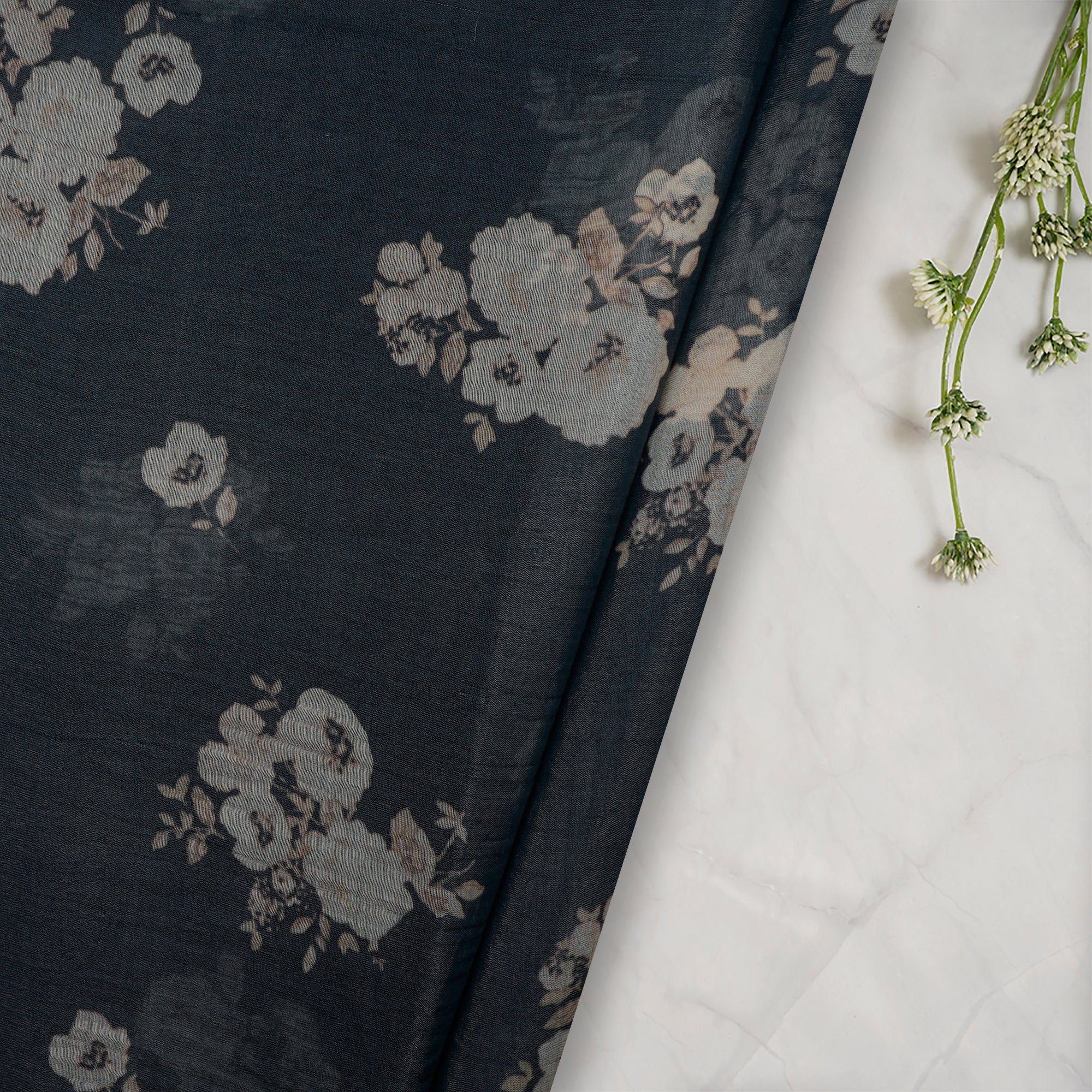 (Pre-Cut 4.20 Mtr) Black Digital Printed Pure Chanderi Fabric