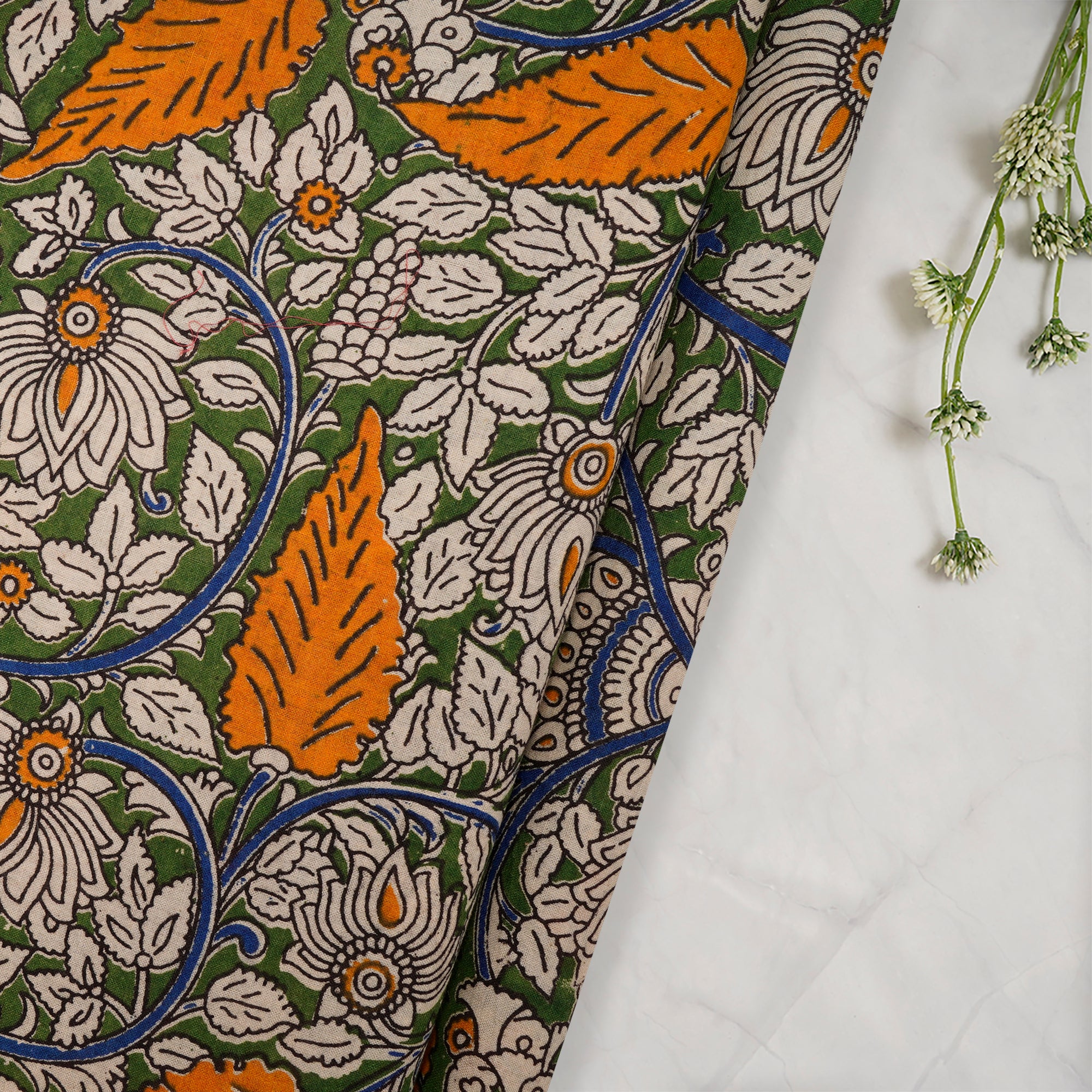 (Pre Cut 1.50 Mtr )Multi Floral Pattern Screen Printed kalamkari Cotton Fabric