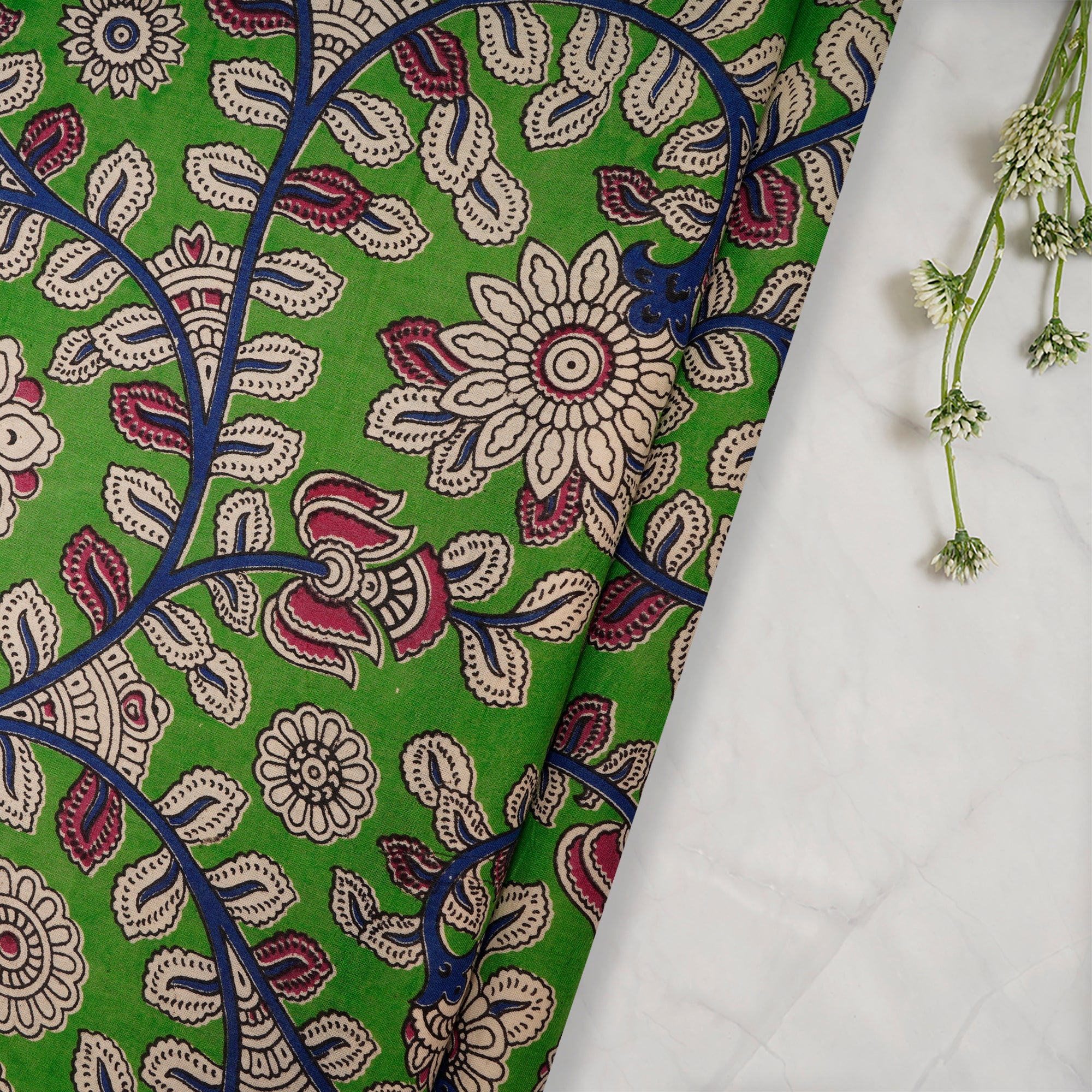 (Pre Cut 1.50 Mtr )Multi Floral Pattern Screen Printed kalamkari Cotton Fabric