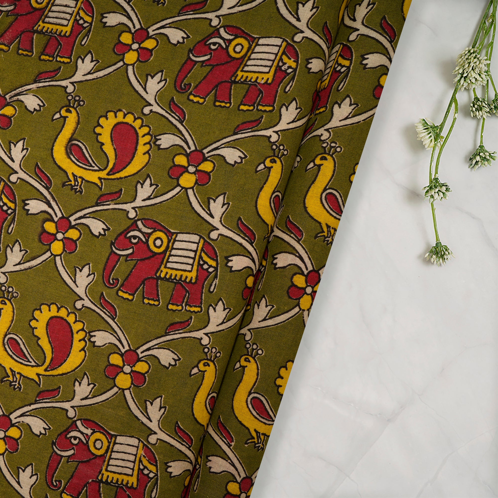 (Pre Cut 1.50 Mtr )Multi Traditional Pattern Screen Printed kalamkari Cotton Fabric