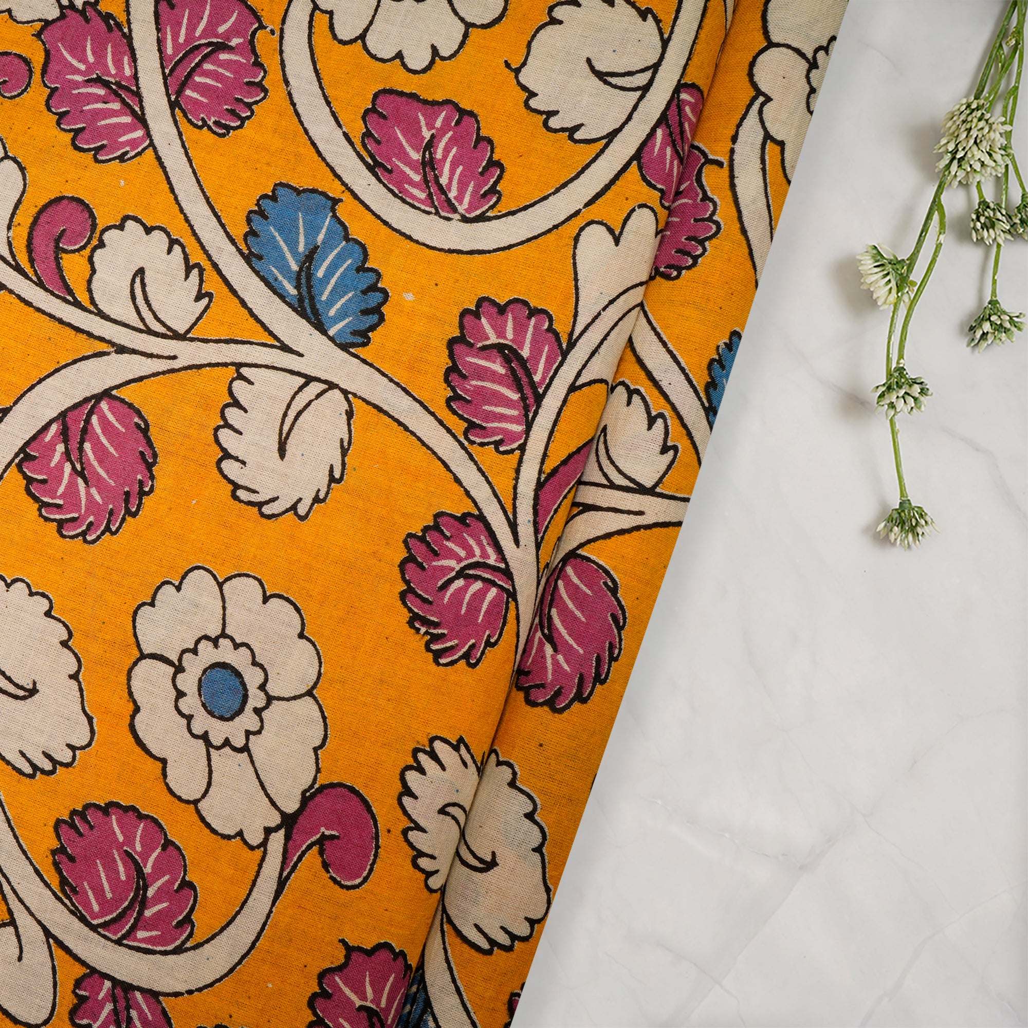 (Pre Cut 1.50 Mtr )Multi Floral Pattern Screen Printed kalamkari Cotton Fabric