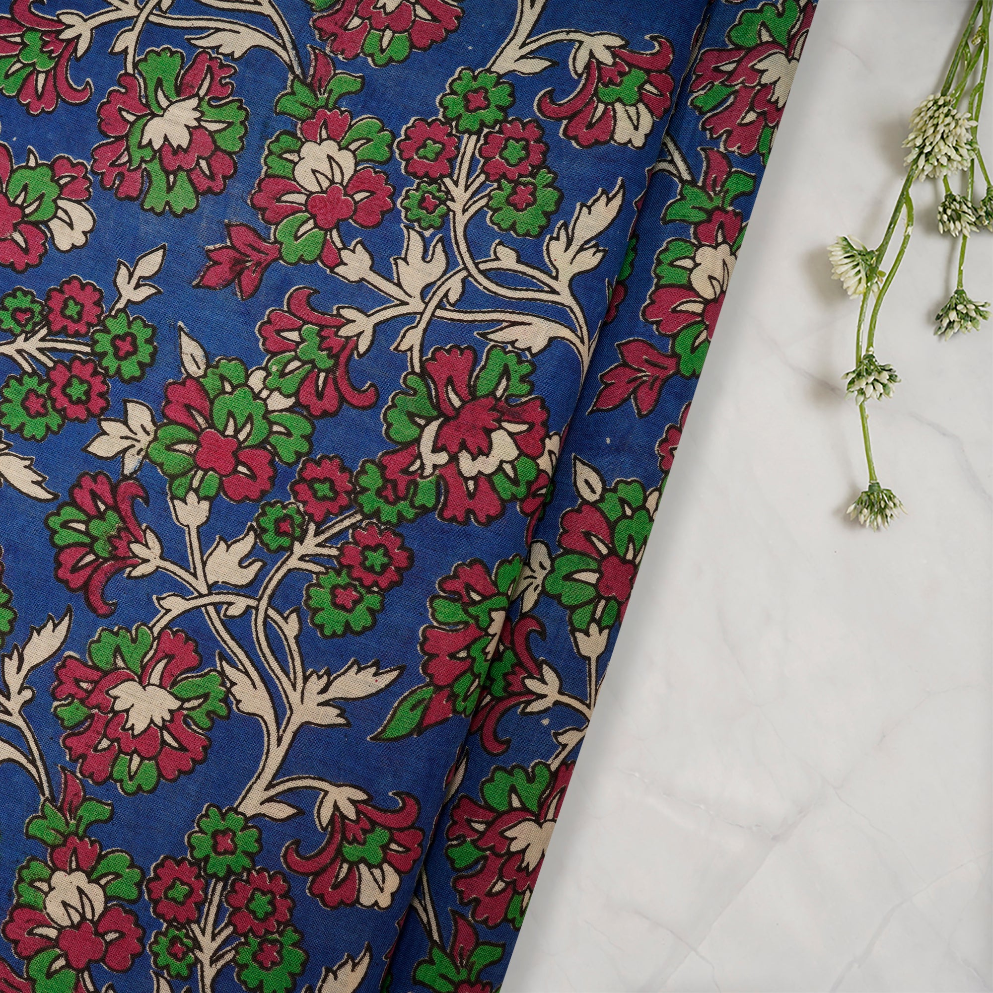 (Pre Cut 1.50 Mtr )Multi Floral Pattern Screen Printed kalamkari Cotton Fabric