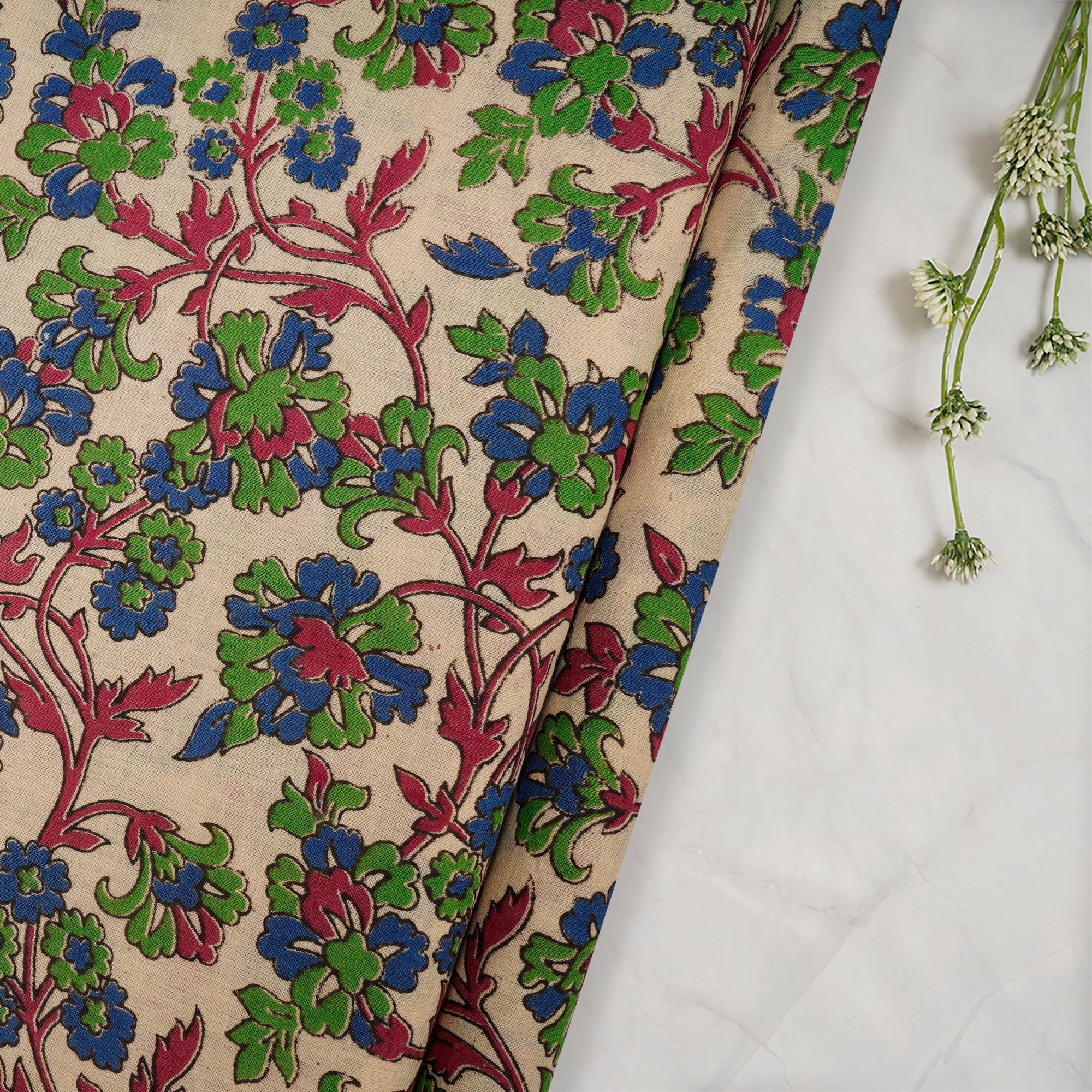 (Pre Cut 1.50 Mtr )Multi Floral Pattern Screen Printed kalamkari Cotton Fabric