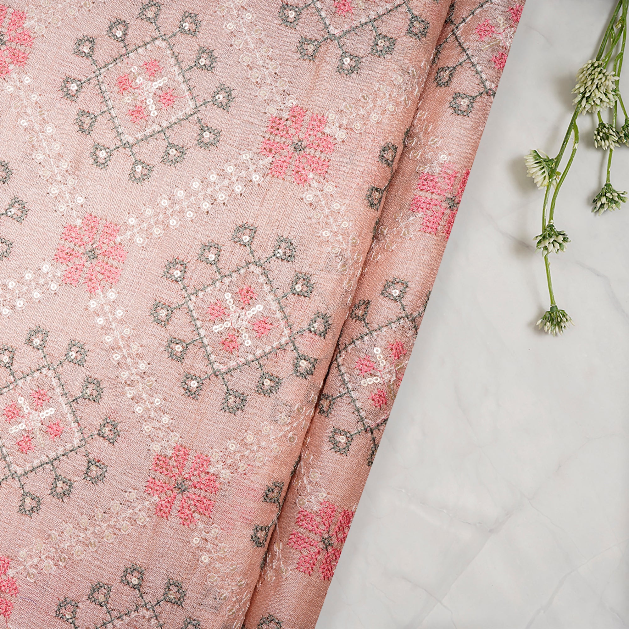 (Pre Cut 1.50 Mtr )Blush Embroidered Pure Tussar Fabric