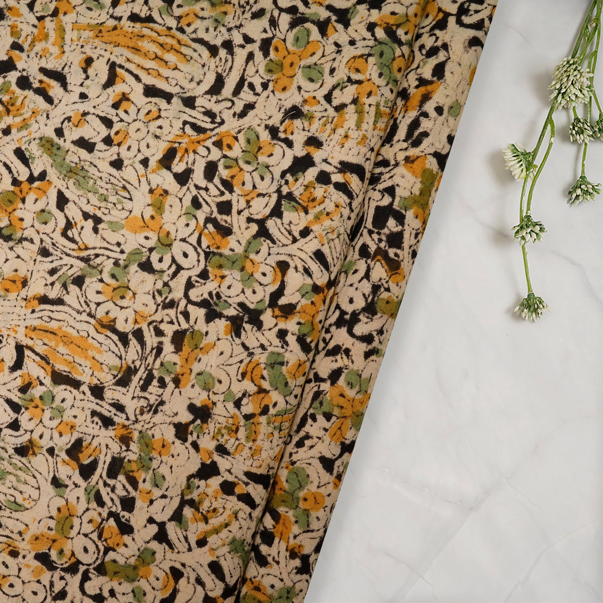 (Pre Cut 1.50 Mtr )Multi Floral Pattern Hand Block Kalamkari Printed Cotton Fabric