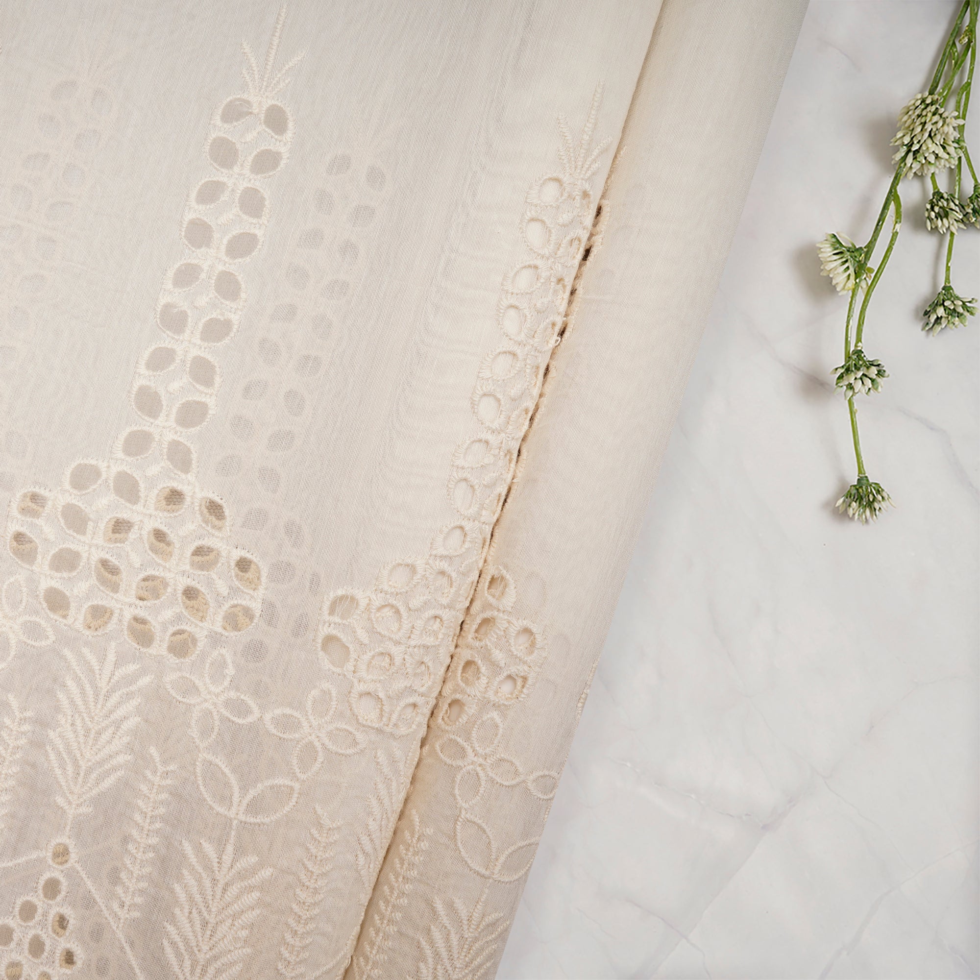 (Pre Cut 1.00 Mtr )White Embroidered Fine Chanderi Fabric