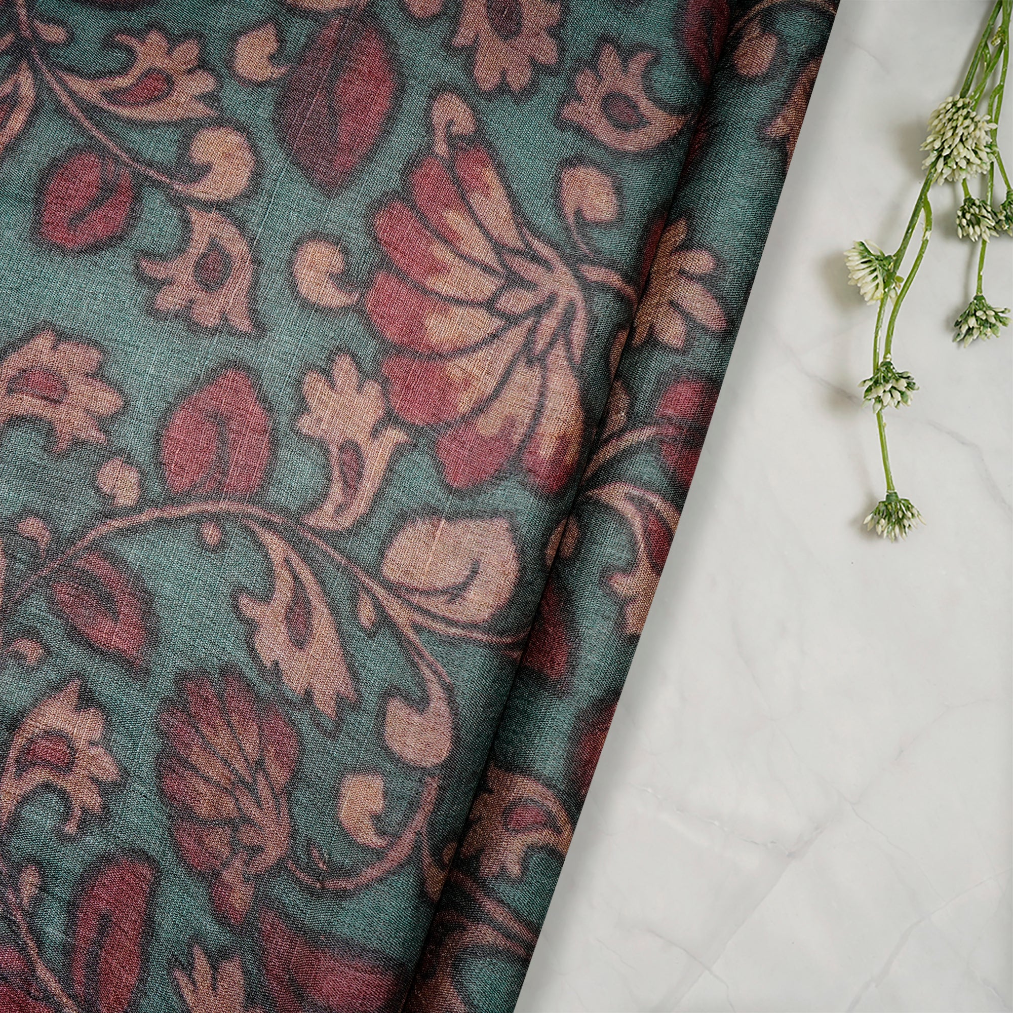 (Pre Cut 1.15 Mtr )Teal-Brown Kalamkari Pattern Digital Printed Tussar Silk Fabric