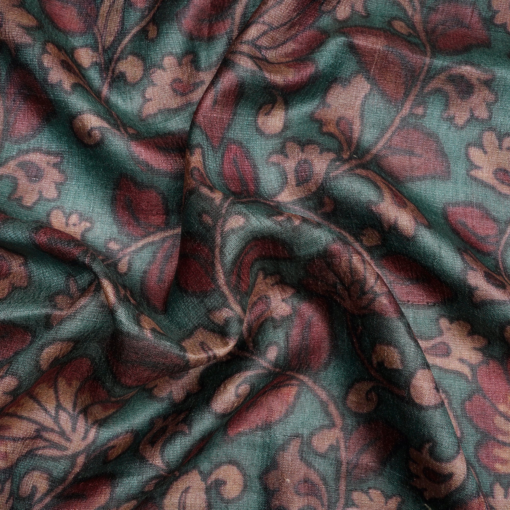 (Pre Cut 1.15 Mtr )Teal-Brown Kalamkari Pattern Digital Printed Tussar Silk Fabric