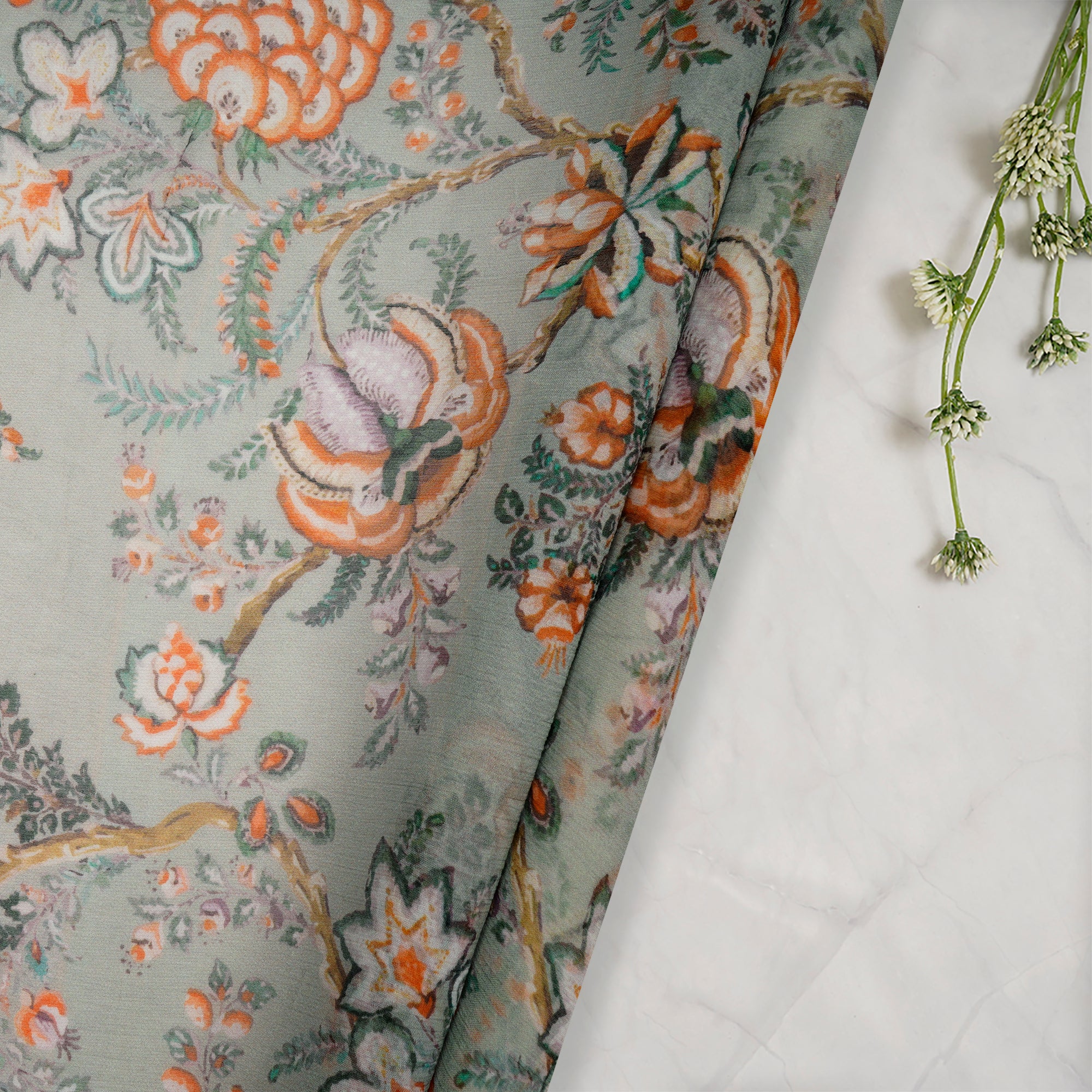 (Pre Cut 1.20 Mtr )Pastel Green Floral Pattern Digital Printed Polyester Linen Fabric