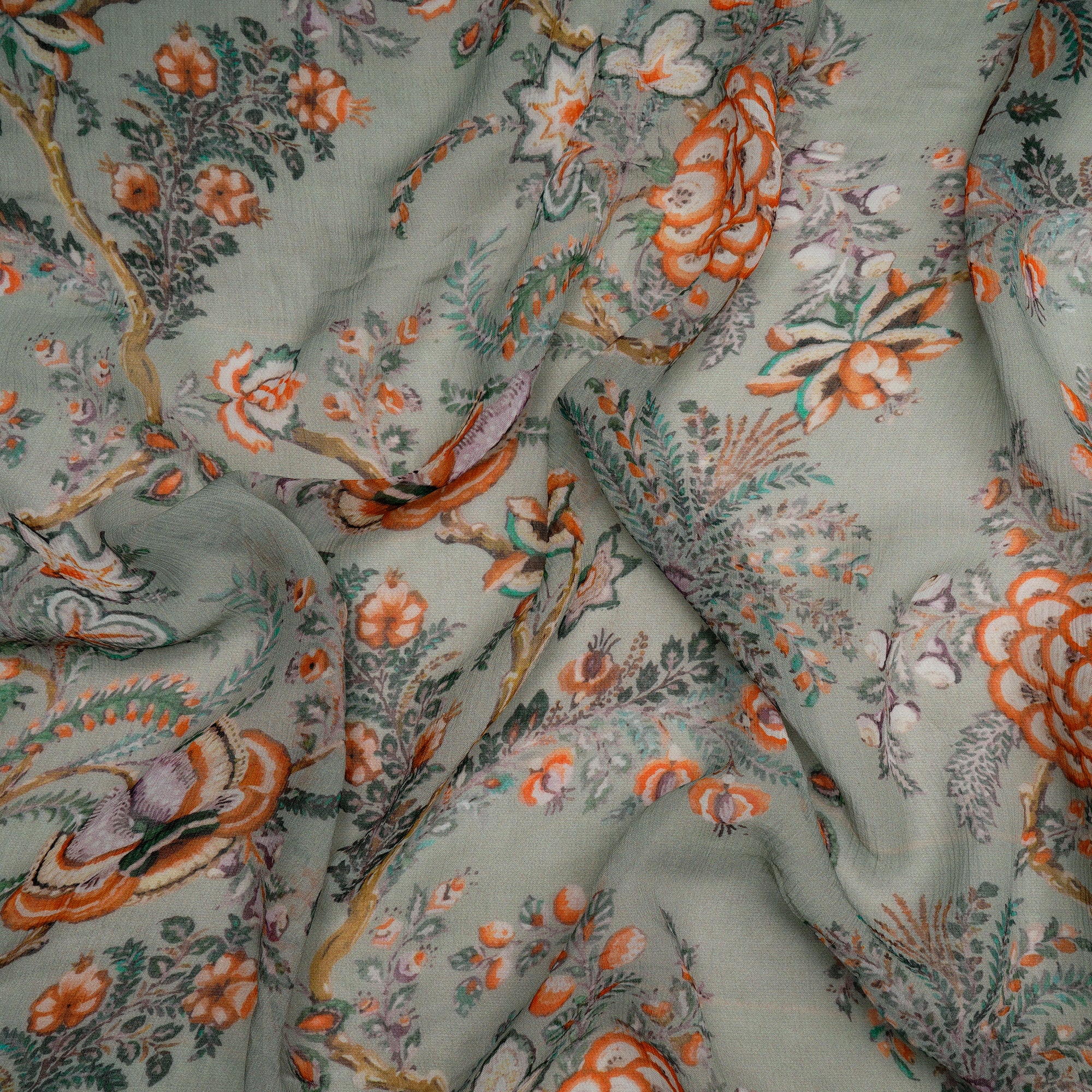 (Pre Cut 1.20 Mtr )Pastel Green Floral Pattern Digital Printed Polyester Linen Fabric