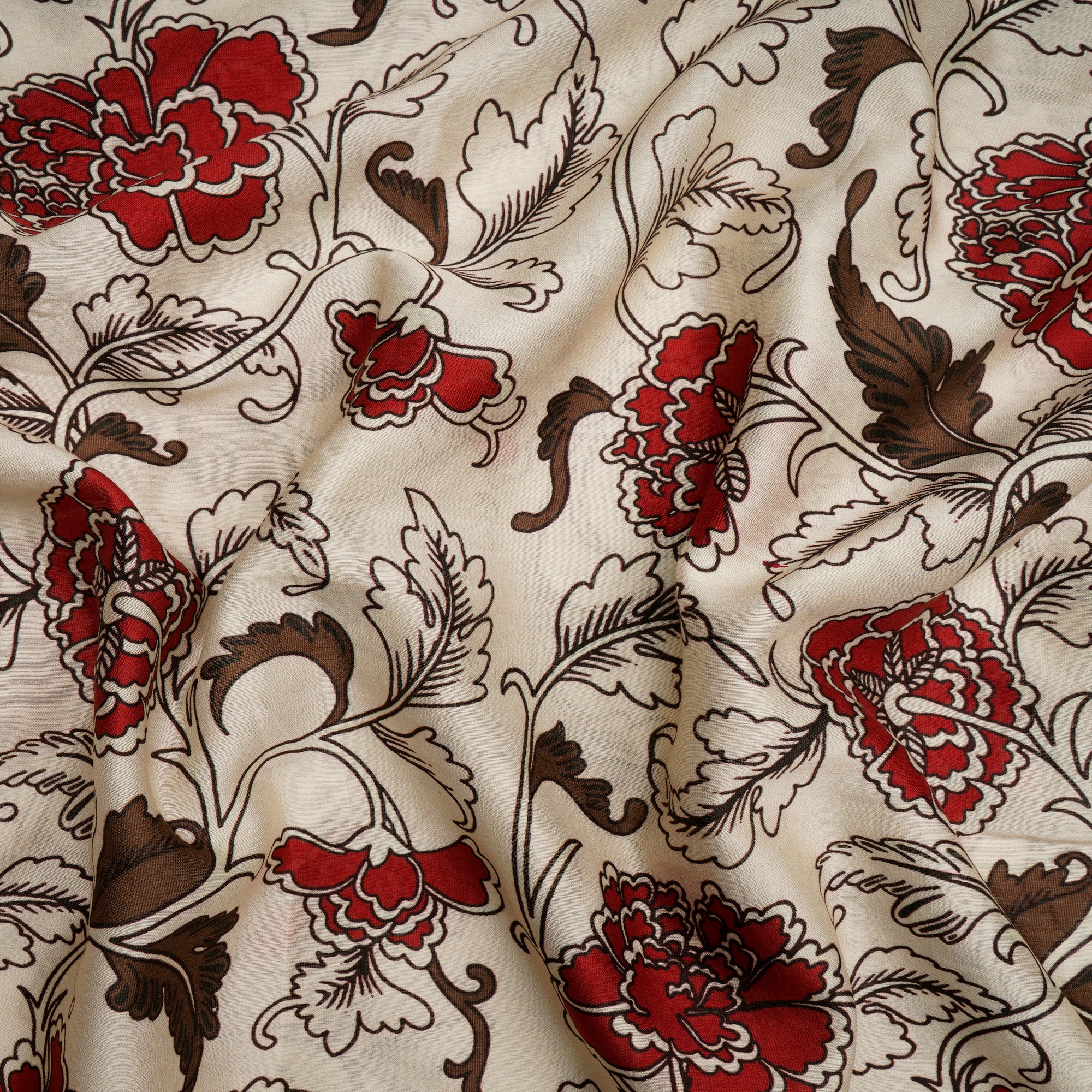 (Pre Cut 1.20 Mtr )Off White-Red Floral Pattern Digital Pattern Chanderi Fabric