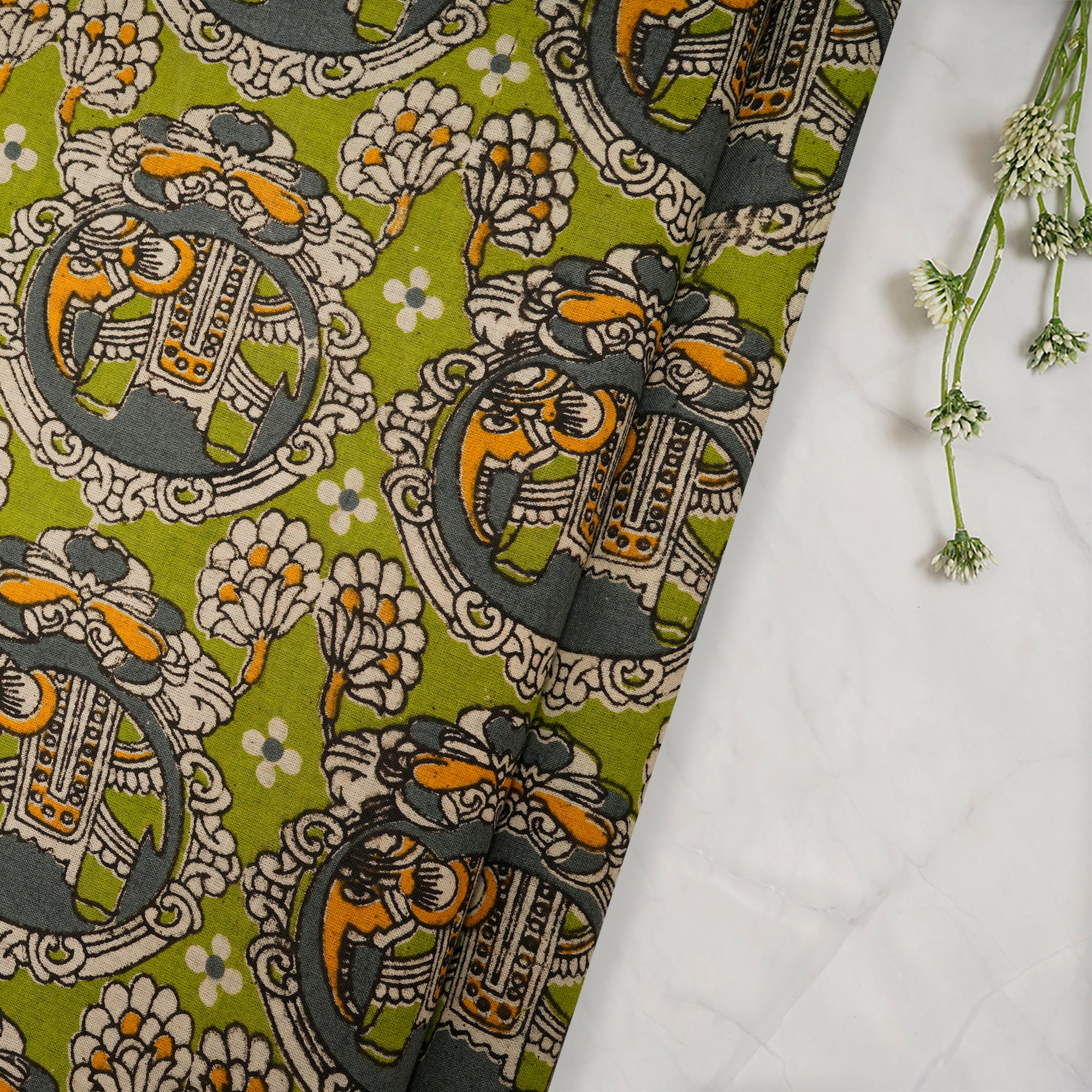(Pre Cut 1.35 Mtr )Multi Floral Pattern Screen Printed kalamkari Cotton Fabric