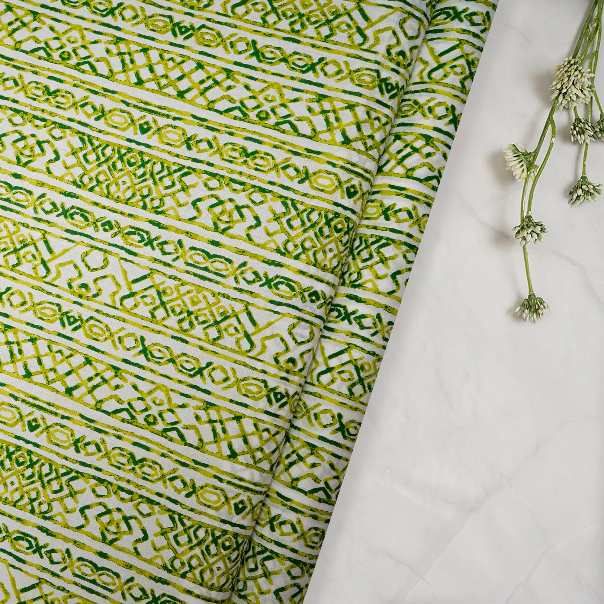 (Pre Cut 1.50 Mtr )Off-White And Green Screen Printed Tussar Chanderi Fabric