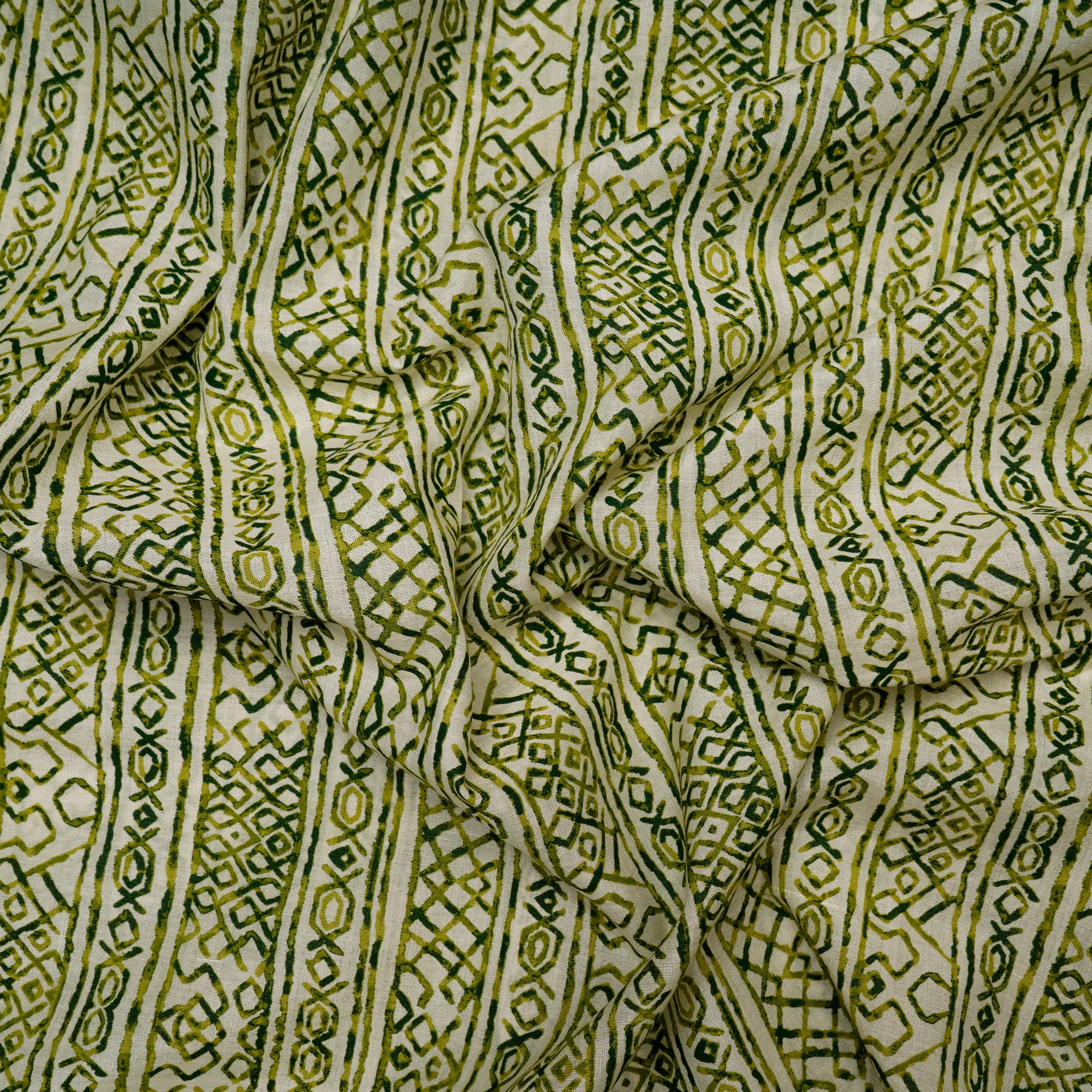 (Pre Cut 2.70Mtr )Off-White And Green Screen Printed Tussar Chanderi Fabric