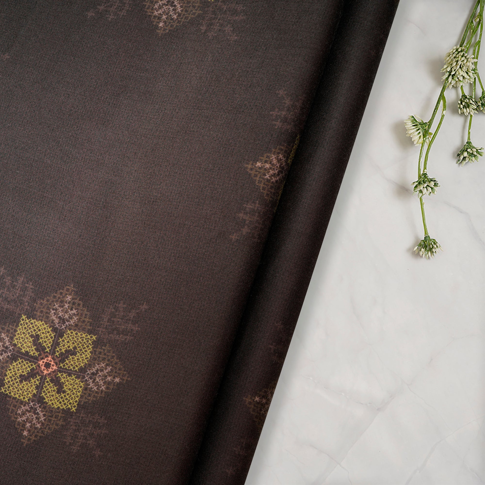 (Pre Cut 1.50 Mtr )Dark Grey Floral Pattern Digital Printed Modal Satin Fabric