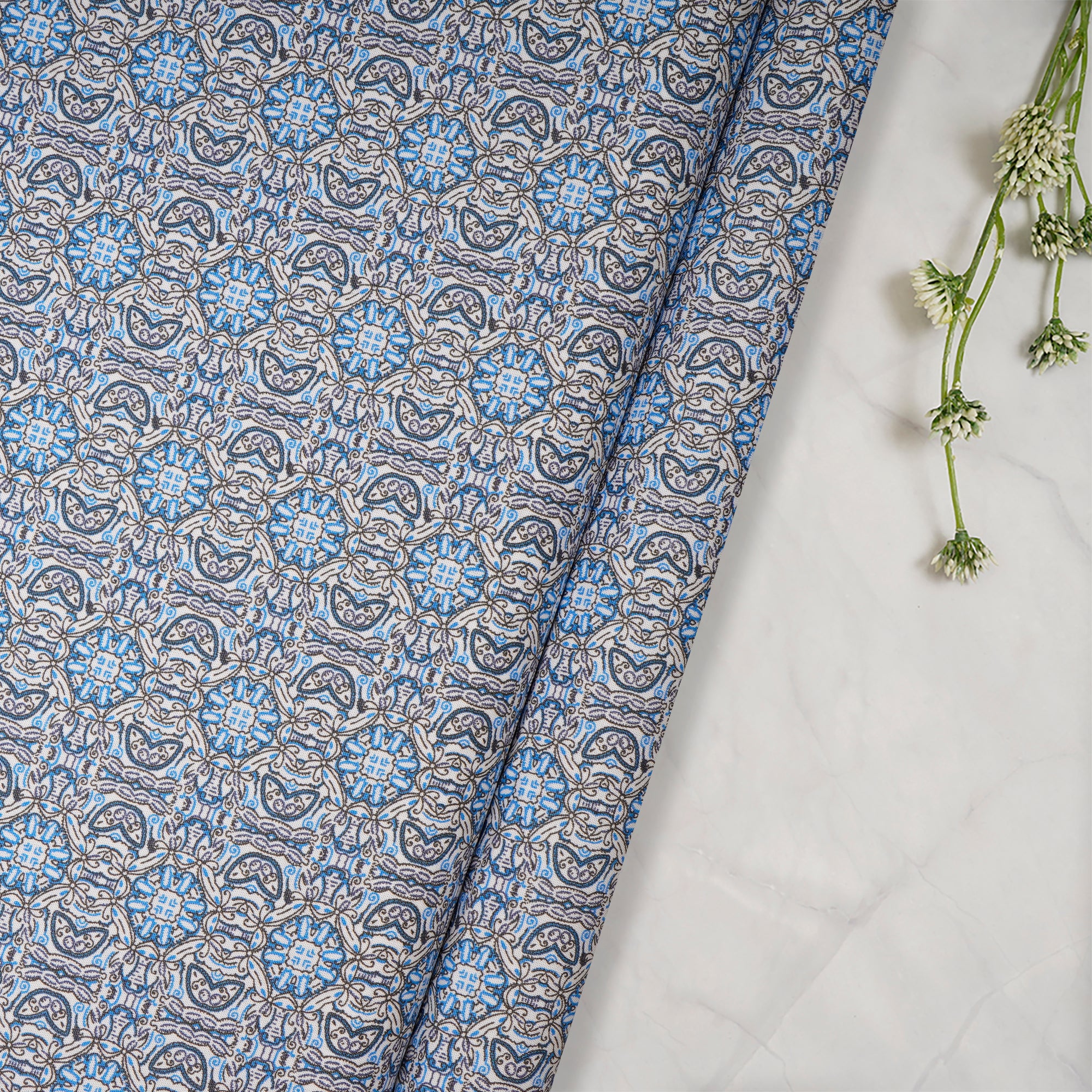 White-Blue All Over Pattern Premium Cotton Printed Unstitched Men's Shirt Piece (58 Inches | 1.60 Meters)