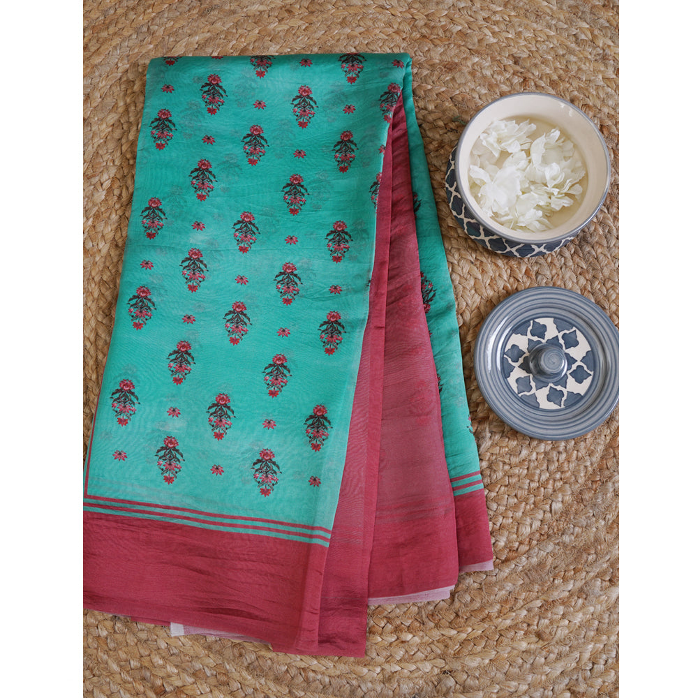 Sea Green Color Digital Printed Silk Saree