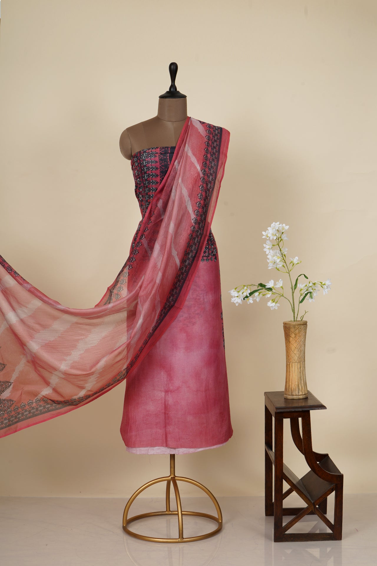 Coral Pink Color Digital Printed Silk Linen Suit with Dupatta