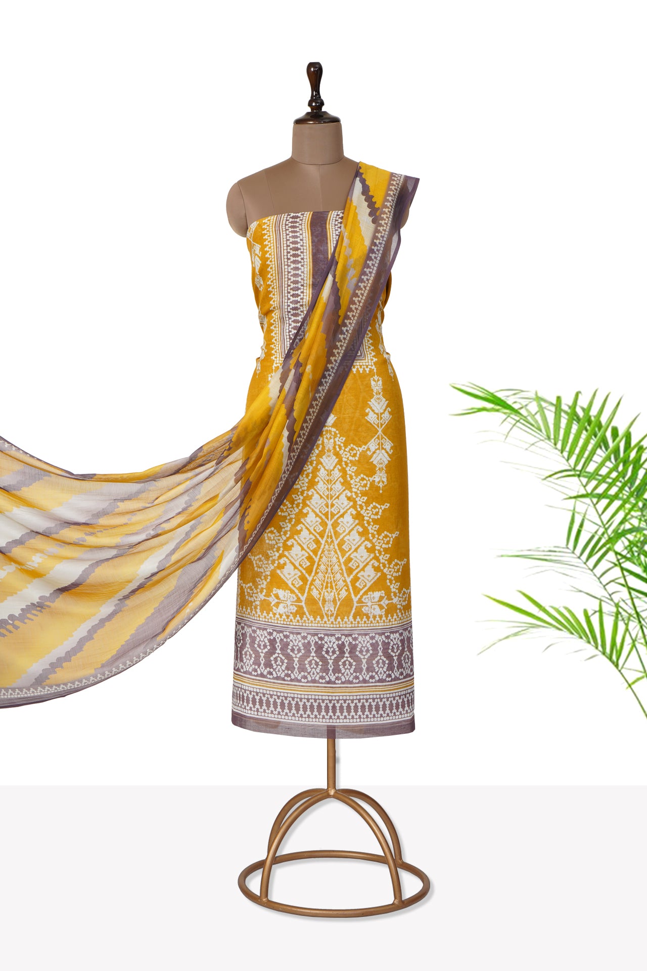 Yellow-Brown Color Digital Printed Silk Linen Suit with Dupatta