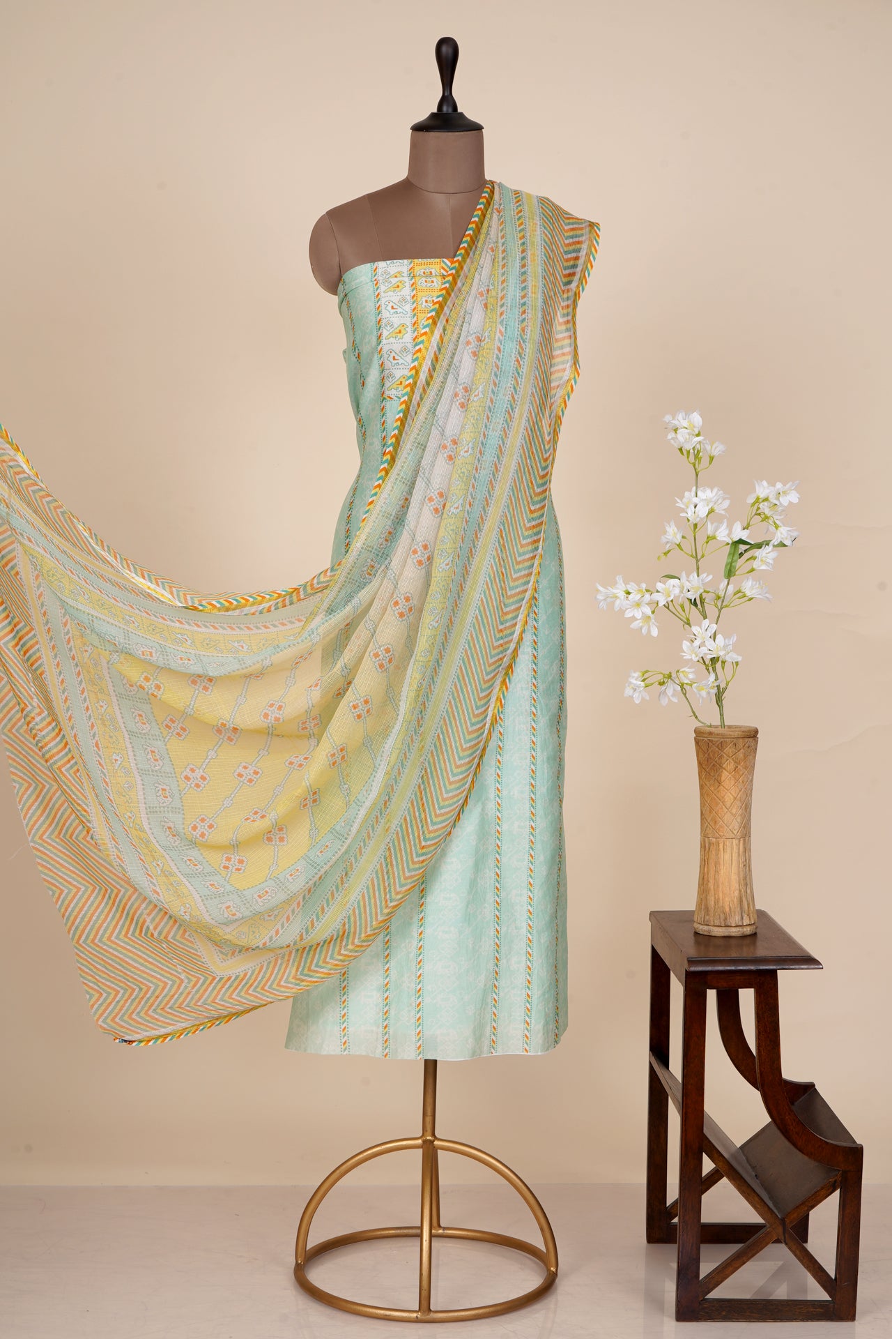 Seafoam Color Digital Printed Patola Pattern Pure Chanderi Suit with Kota Dupatta