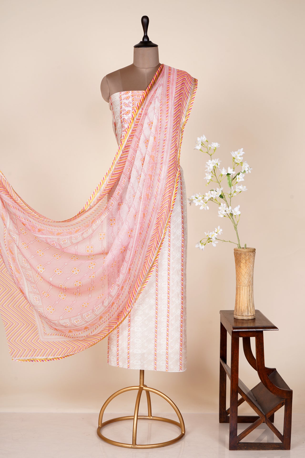 Beige-Peach Color Digital Printed Patola Pattern Pure Chanderi Suit with Kota Dupatta