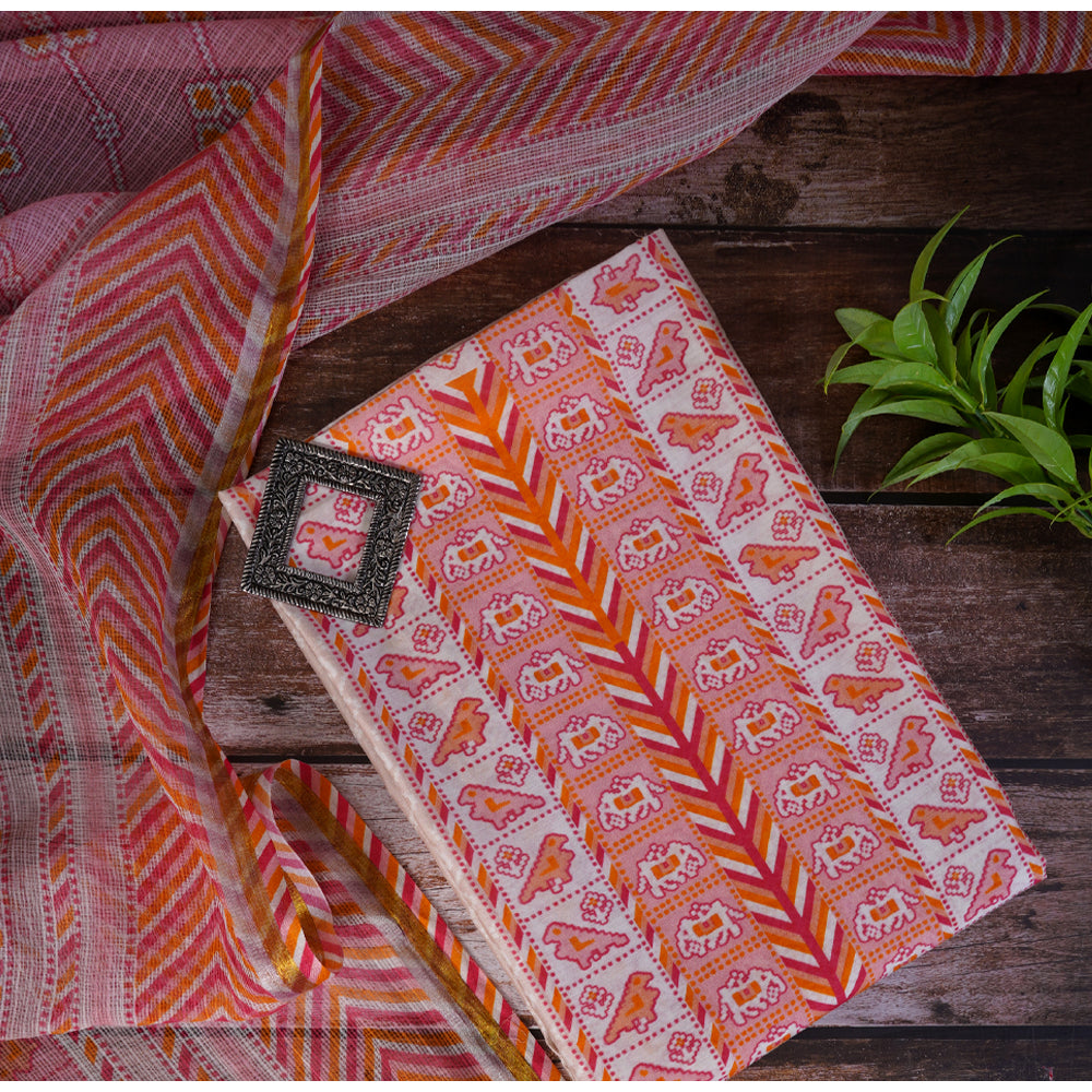 Beige-Peach Color Digital Printed Patola Pattern Pure Chanderi Suit with Kota Dupatta
