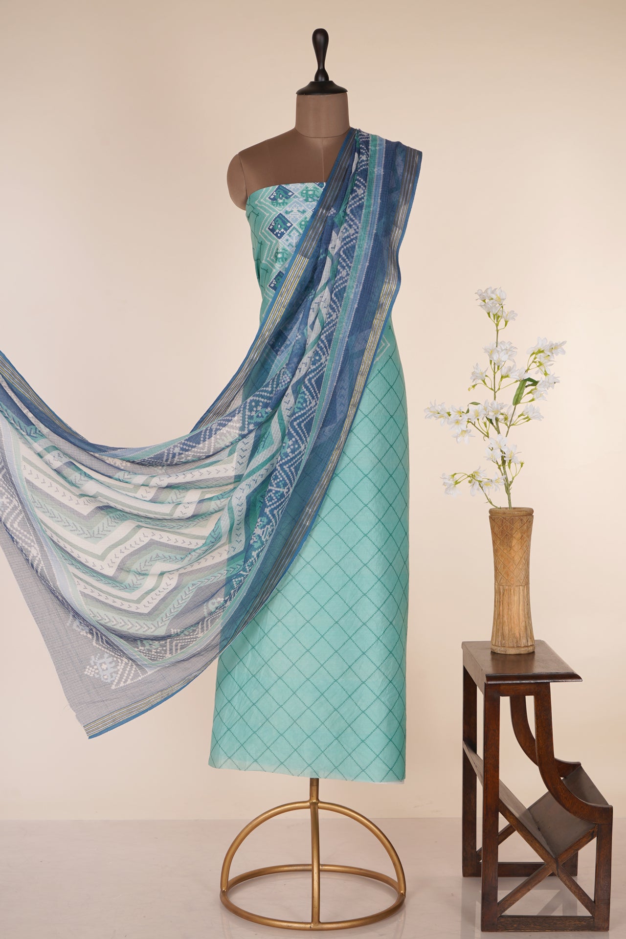 Mint Green-Blue Color Digital Printed Patola Pattern Pure Chanderi Suit with Kota Dupatta