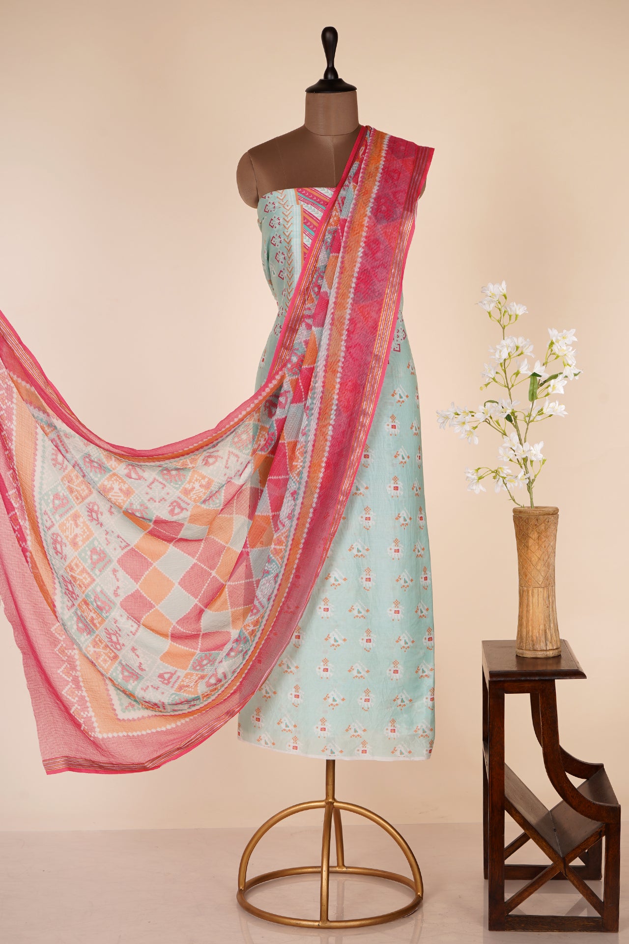 Mint Green-Pink Color Digital Printed Patola Pattern Pure Chanderi Suit with Kota Dupatta