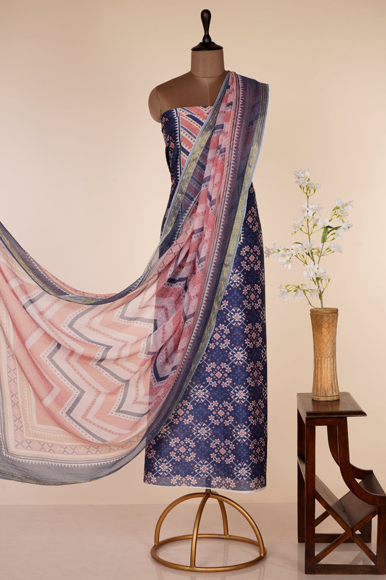 Navy Blue-Peach Color Digital Printed Patola Pattern Pure Chanderi Suit with Kota Dupatta
