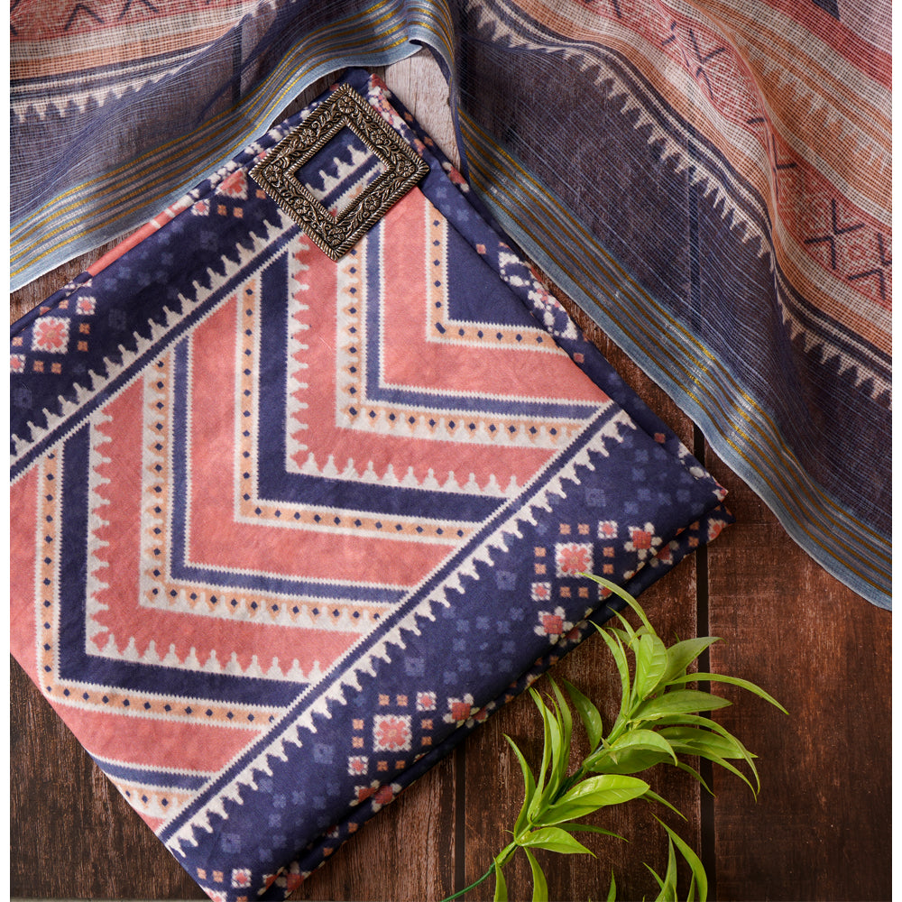Navy Blue-Peach Color Digital Printed Patola Pattern Pure Chanderi Suit with Kota Dupatta