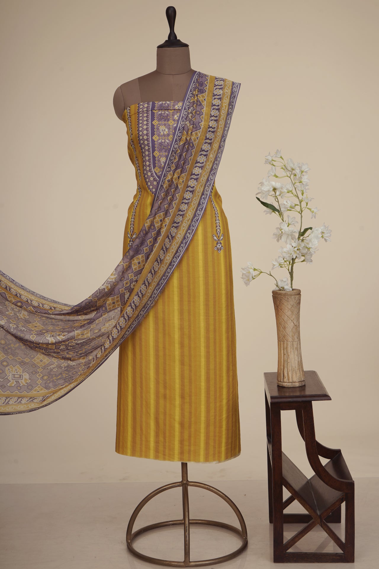 Yellow-Purple Color Digital Printed Patola Pattern Cotton Linen Suit with Chanderi Dupatta