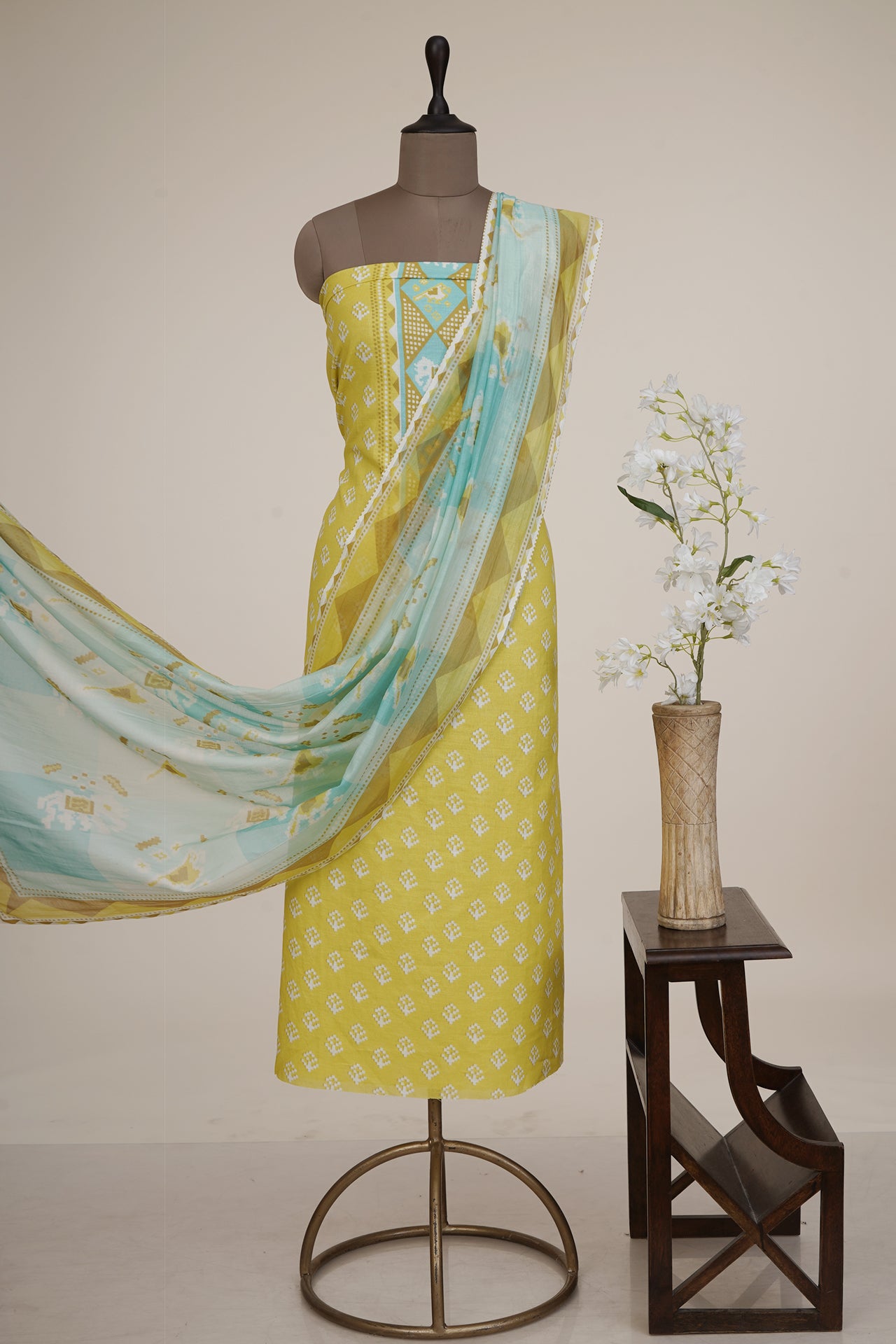 Yellow-Blue Color Digital Printed Patola Pattern Cotton Linen Suit with Chanderi Dupatta