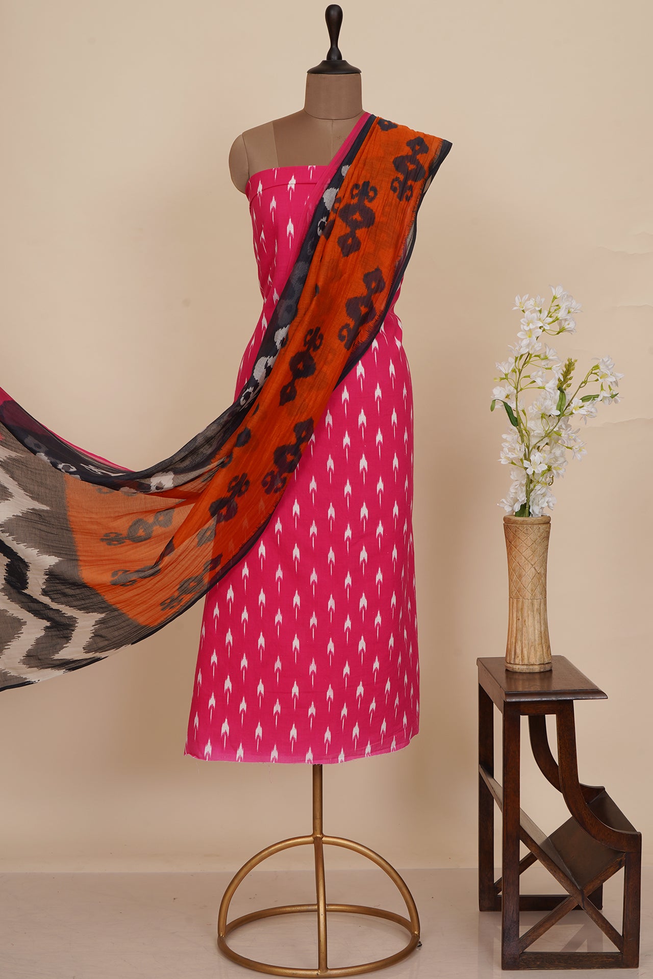 Pink Color Digital Printed Ikat Pattern Muslin Cotton Suit with Fine Chanderi Dupatta