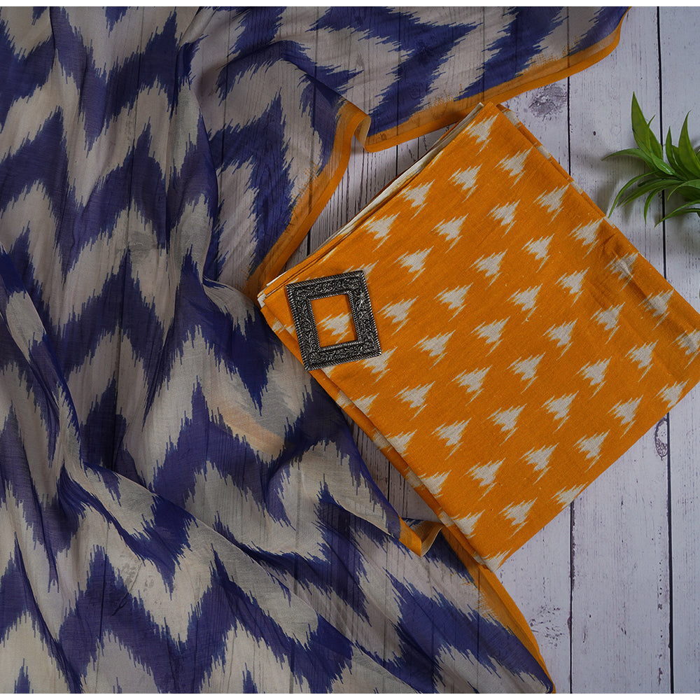 Yellow Color Digital Printed Ikat Pattern Muslin Cotton Suit with Fine Chanderi Dupatta